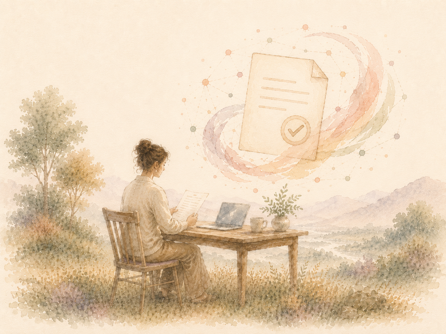 Soft watercolor illustration of a clinician reading a document at a desk with a laptop in a quiet landscape, with a document and checkmark symbol floating above, representing the terms of service that apply when using the AtReef Therapy website.