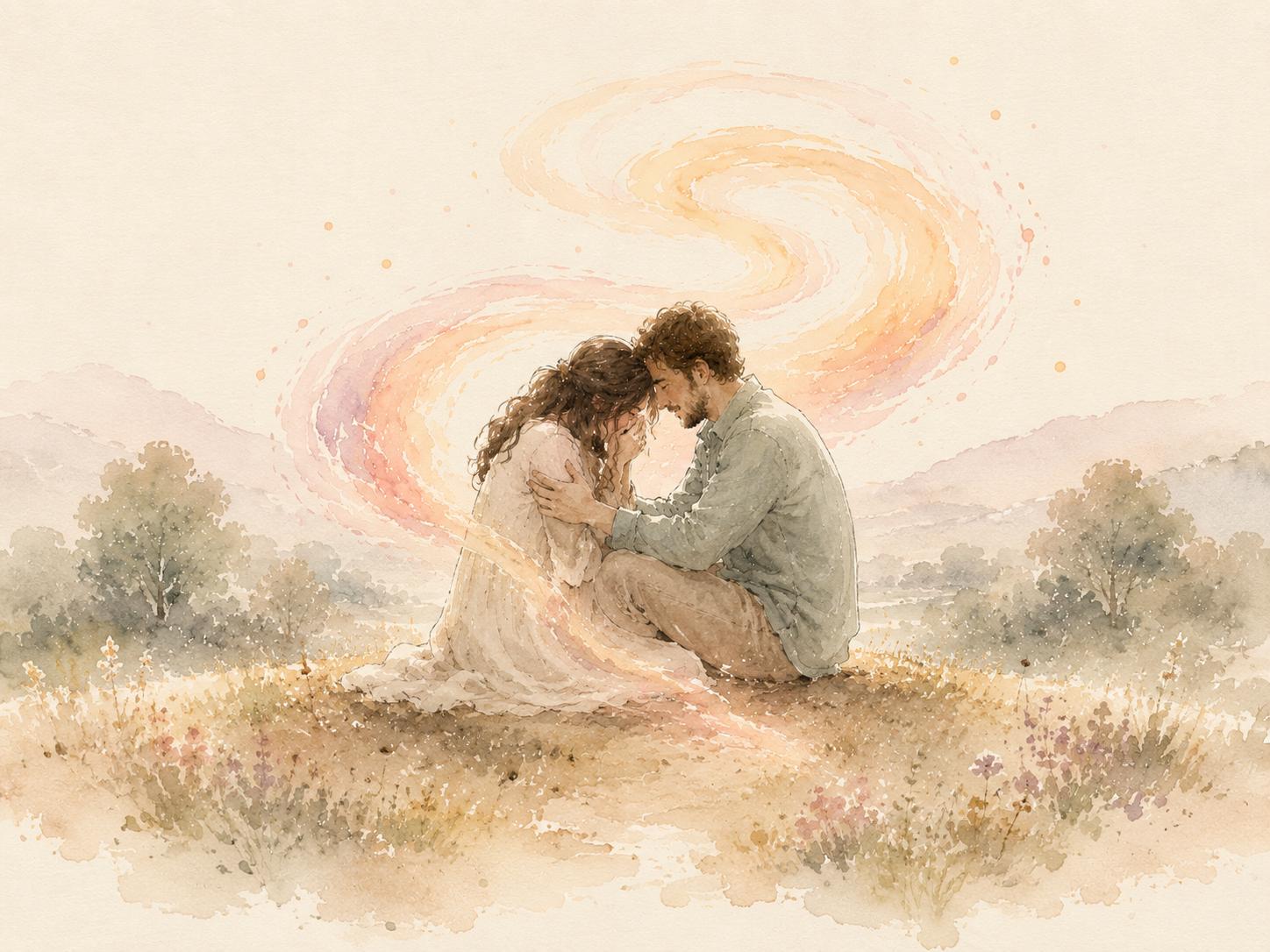 A couple sit close together in a soft watercolor meadow, foreheads touching and arms around each other, with a warm swirl of light above them, evoking reflection and emotional connection in couples therapy at AtReef Therapy in Cambridge, MA.