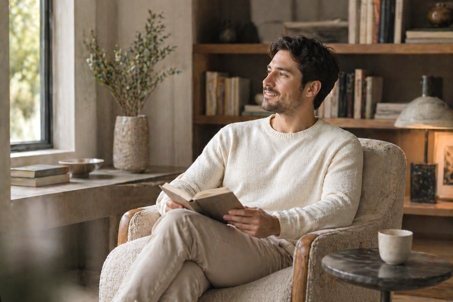 Person reading in a calm home setting, representing individual therapy for anxiety, burnout, and personal growth.