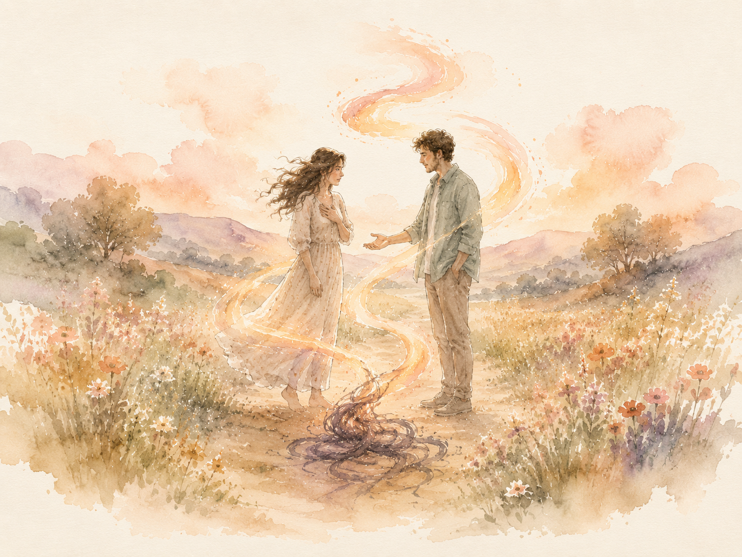Watercolor illustration of a couple standing across from each other in a wildflower meadow at sunset, a tangled shape on the ground between them transforming into a swirl of warm light, illustrating how conflict can become a pathway to connection 