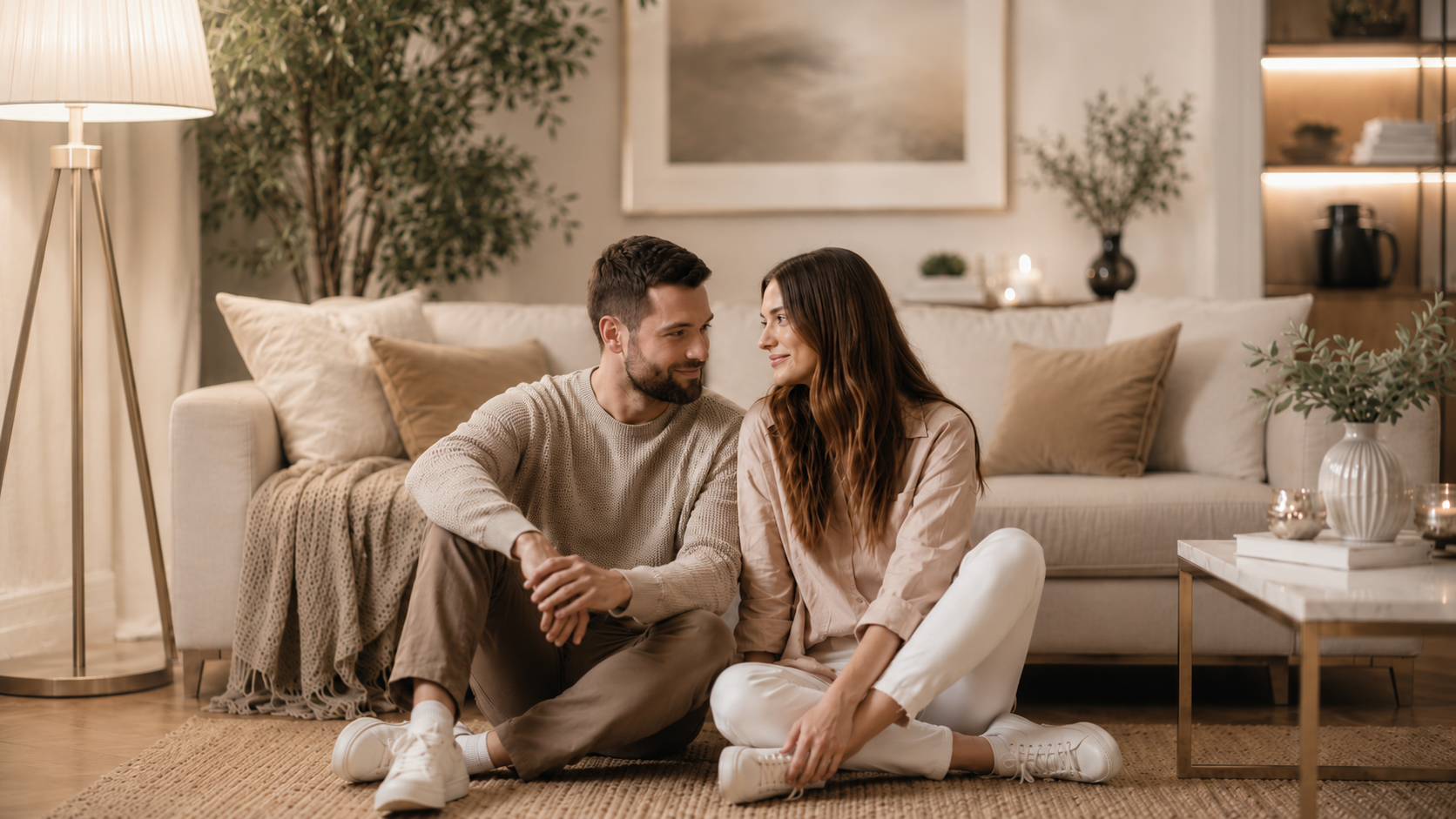 Couple sitting closely together in a warm, considered therapy room, sharing a quiet moment during a couples therapy session at AtReef Therapy in Cambridge, MA.