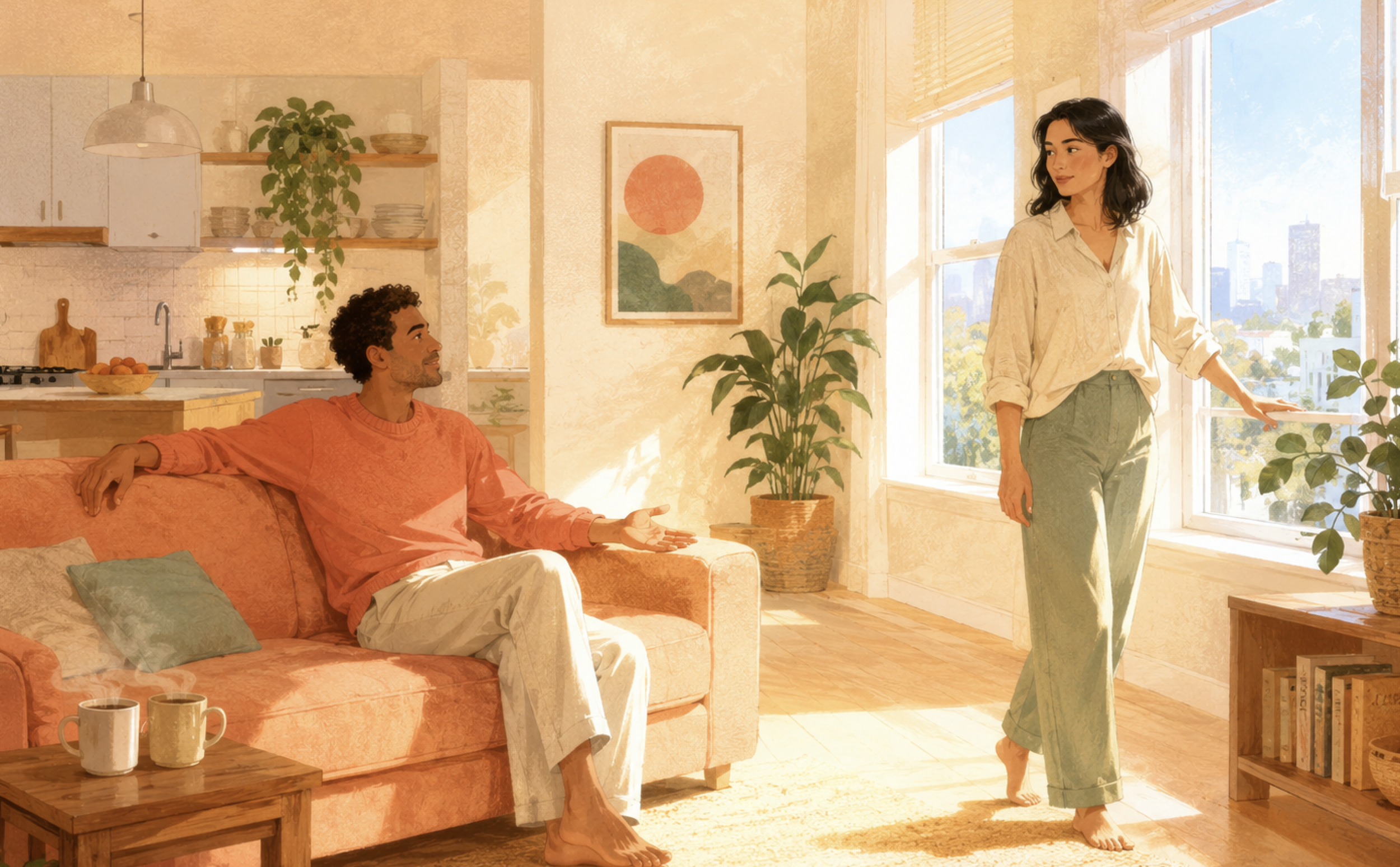 Bright illustration of two partners in a sunlit apartment, one seated with an open hand extended and one turning back toward them across a sunlit gap
