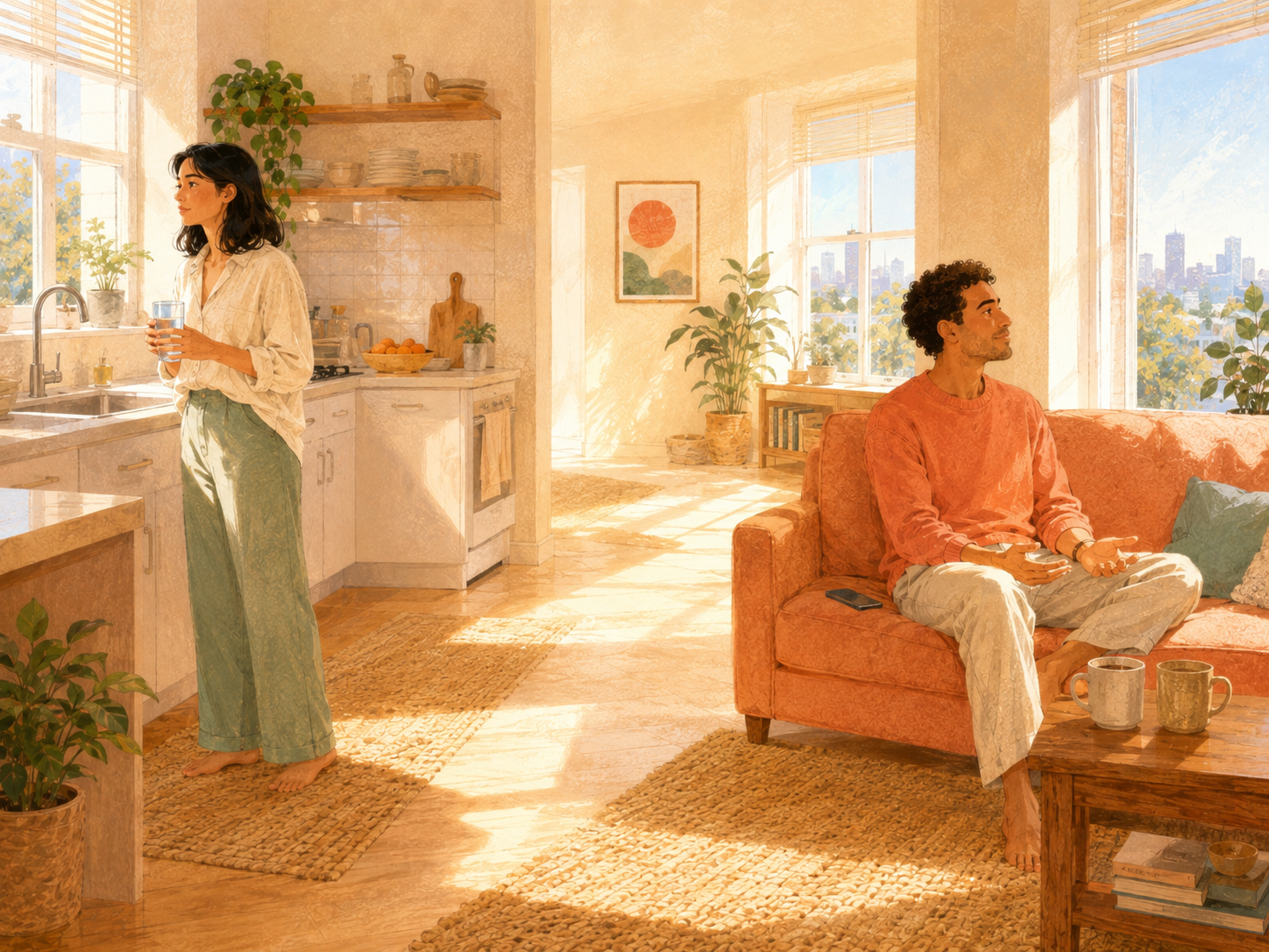 Bright illustration of two partners calmly taking a break in separate sunlit rooms with an open doorway of light between them