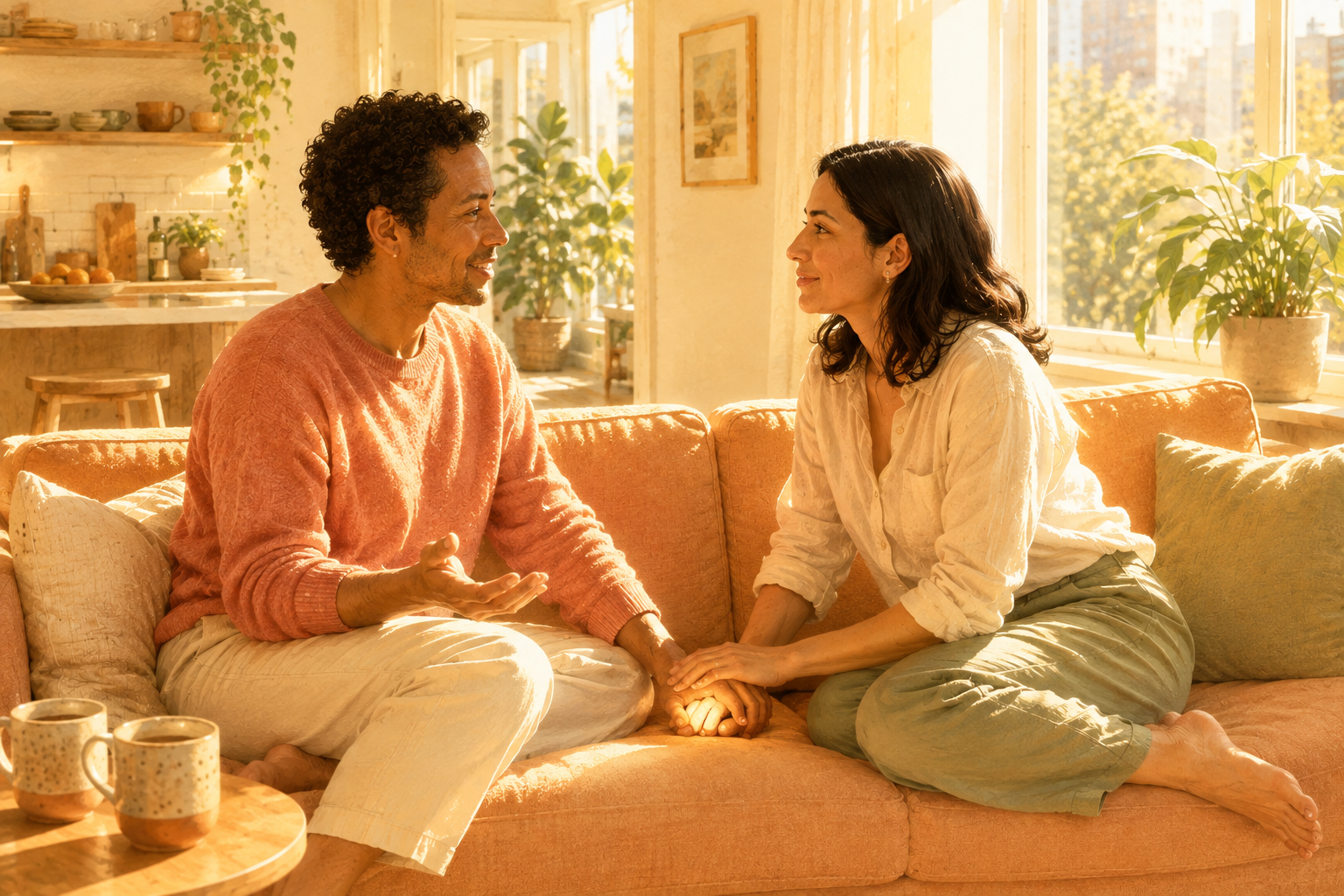 Warm illustration of two partners sitting close together on a sunlit sofa, hands joined, in an open and easy conversation