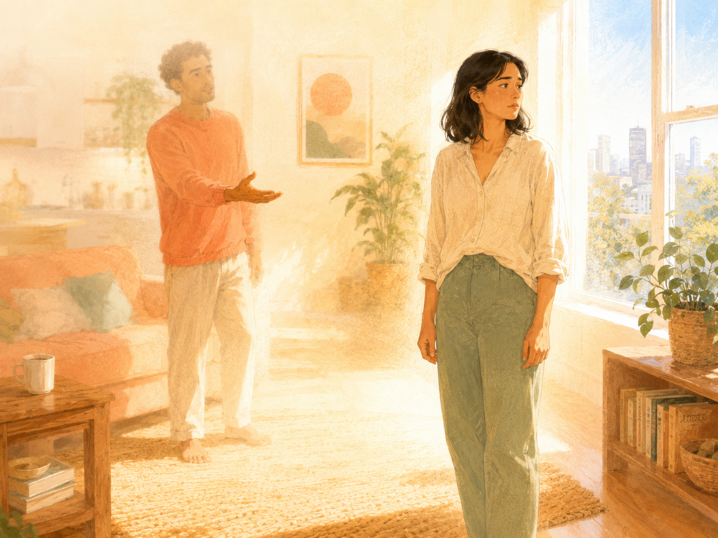 Bright illustration of a partner during a difficult conversation as the sunlit room dissolves into light around them, while the other partner's open hand stays clearly visible