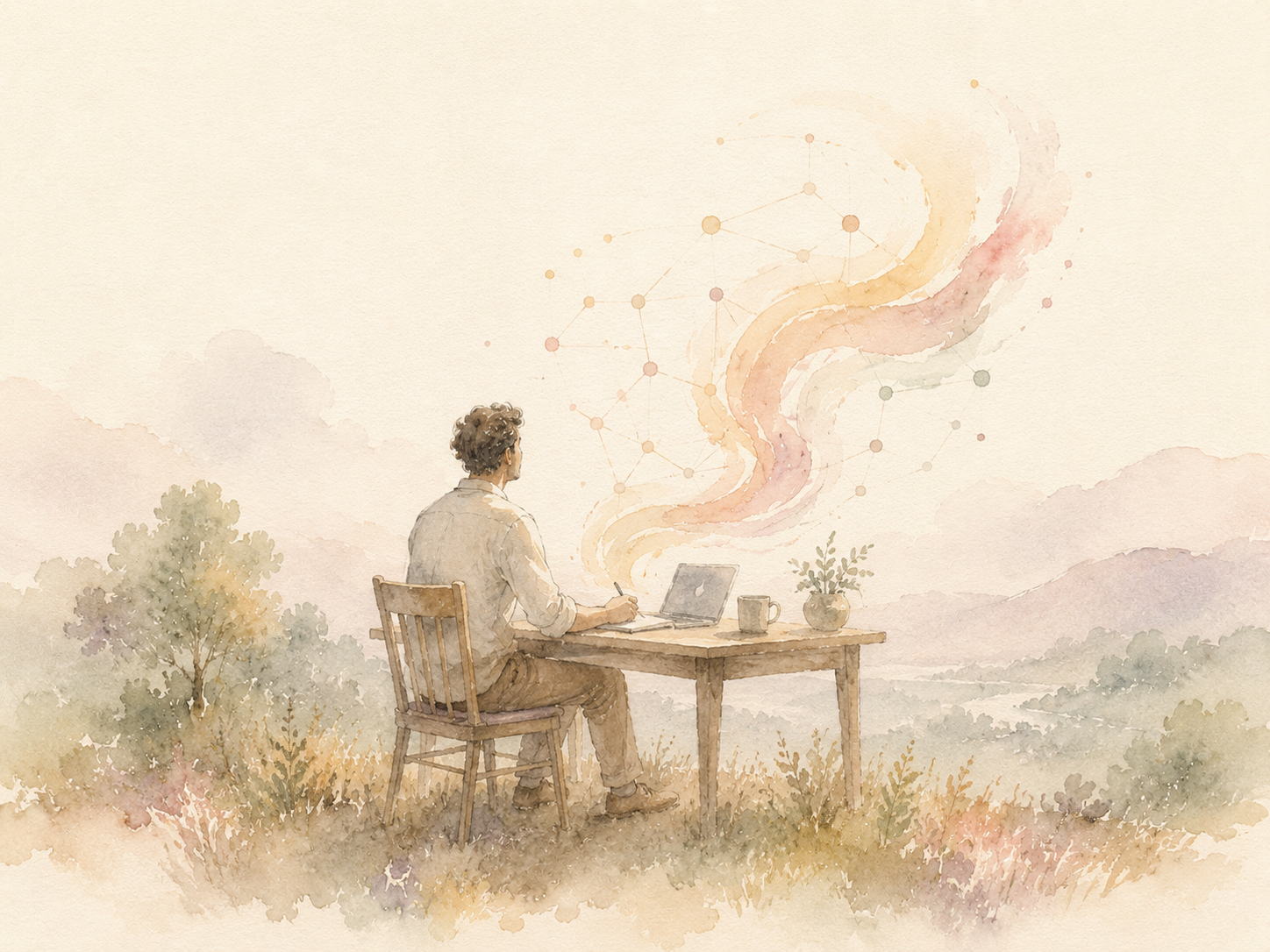 Watercolor illustration of a person writing at a desk with a laptop as a soft abstract network of ideas flows above them.