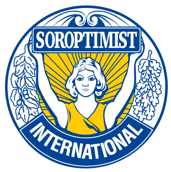 Illustration of a woman with arms raised holding a sign that reads 'SOROPTIMIST' above her head and the word 'INTERNATIONAL' below her. The background features radiating yellow lines, and there are symbolic laurel branches on either side of her.