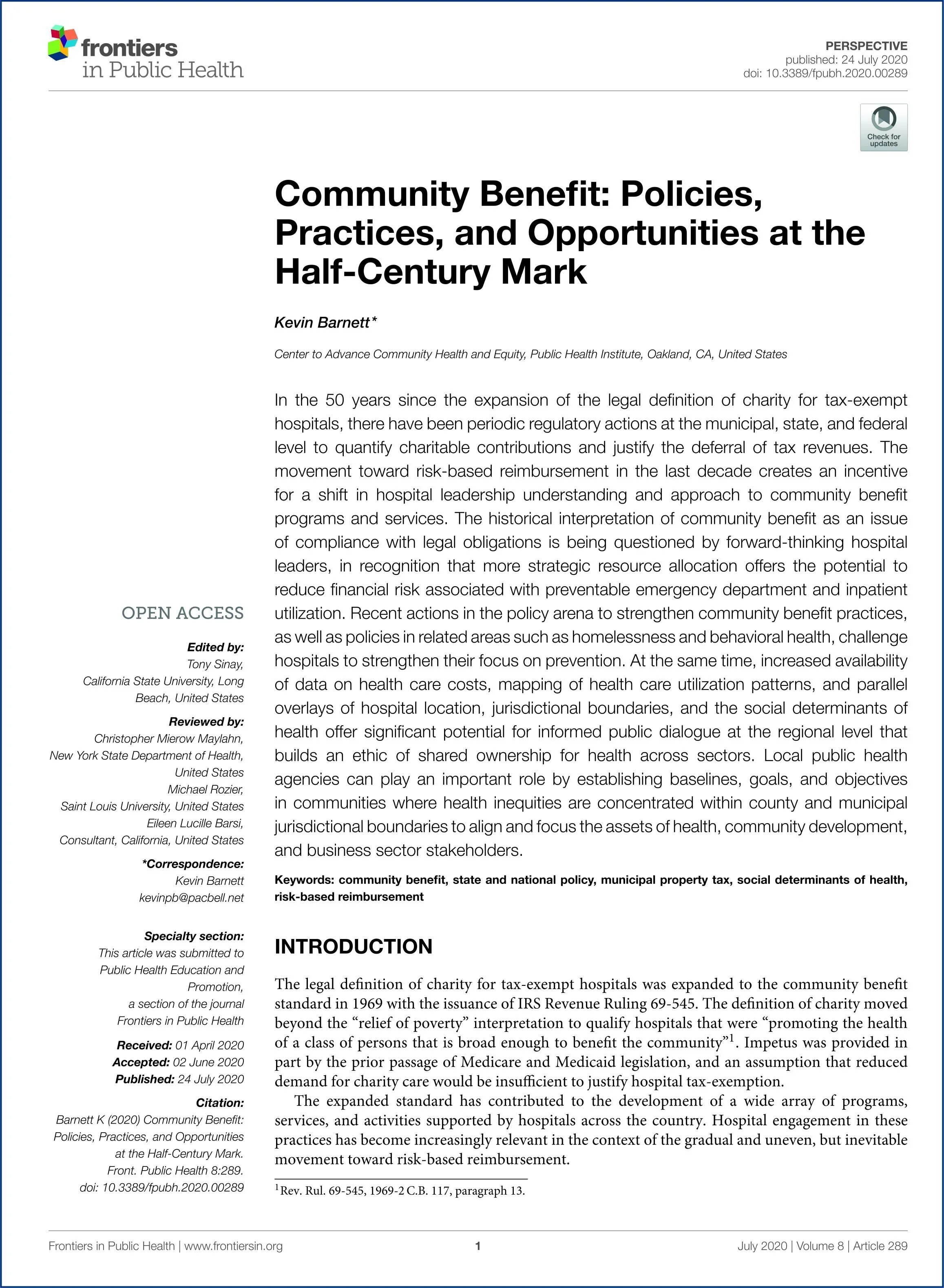 Community Benefit: Policies, Practices, and Opportunities at the Half Century Mark
