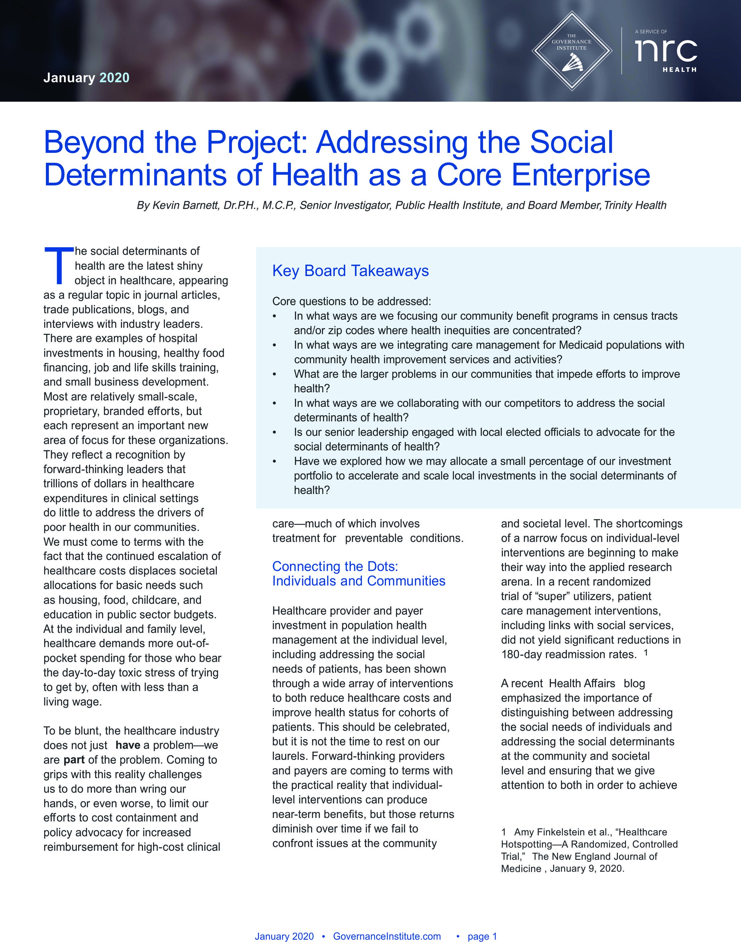 Beyond the Project: Addressing the Social Determinants of Health as a Core Enterprise