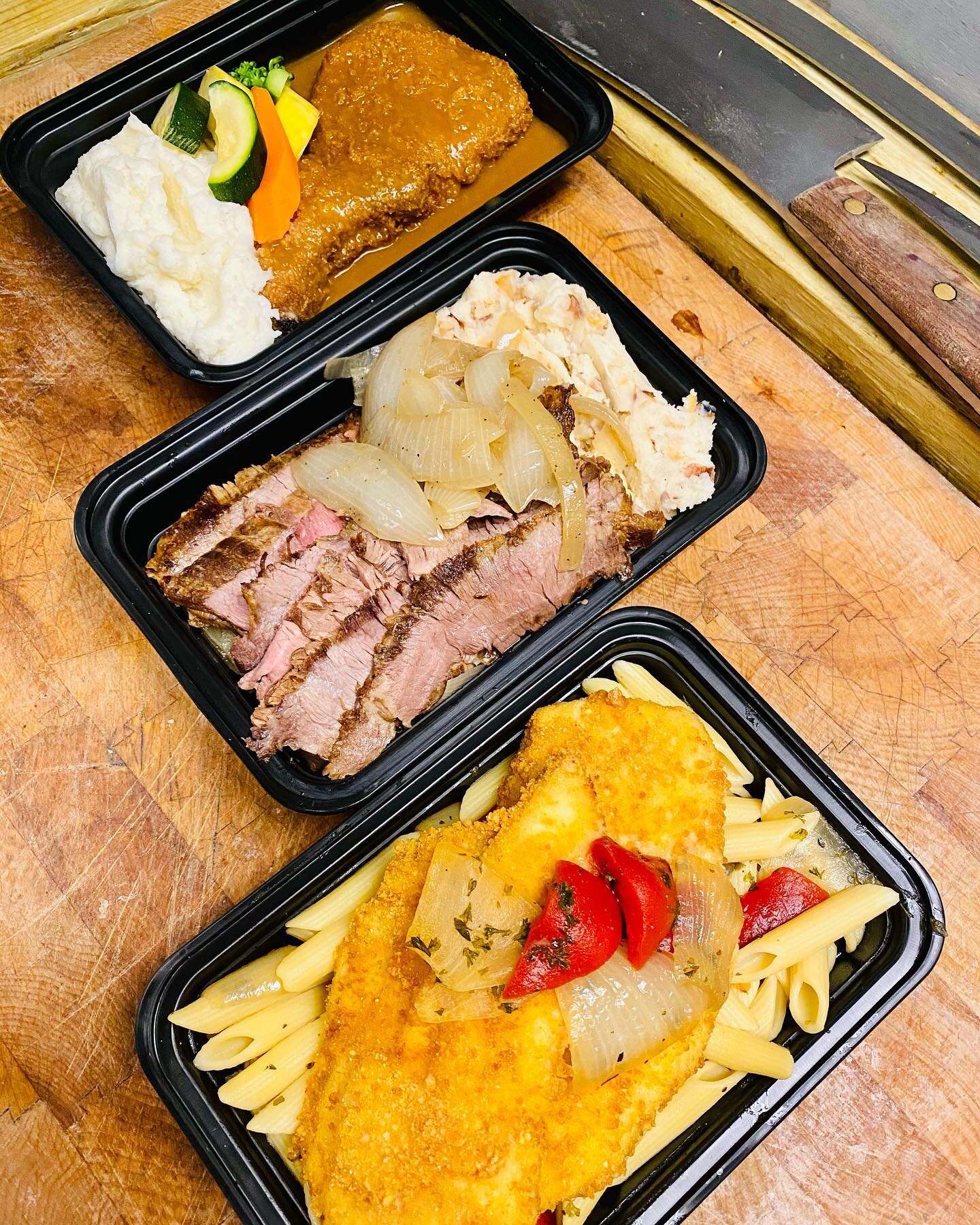Monday&rsquo;s Line up, (Breaded Pork Chop with Mashed Potatoes and Steamed Veggies, Grilled Flank Steak Caramelized Onions Mash Potatoes and Parm Crusted Chicken with Penne Pasta )  come get them while they last. Make it your lunch special or save i