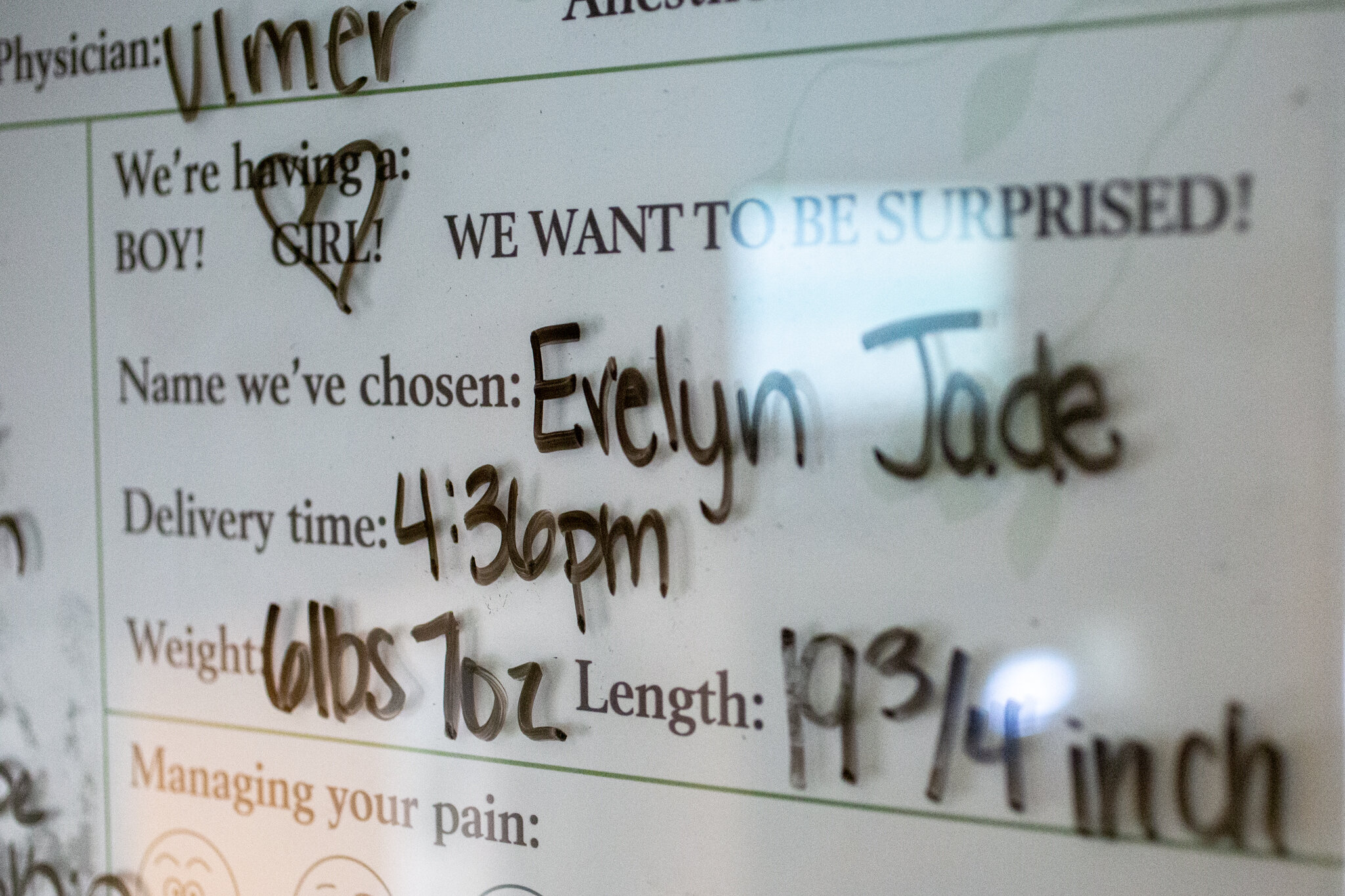 Hospital board reading "Evelyn Jade" and baby's birth details