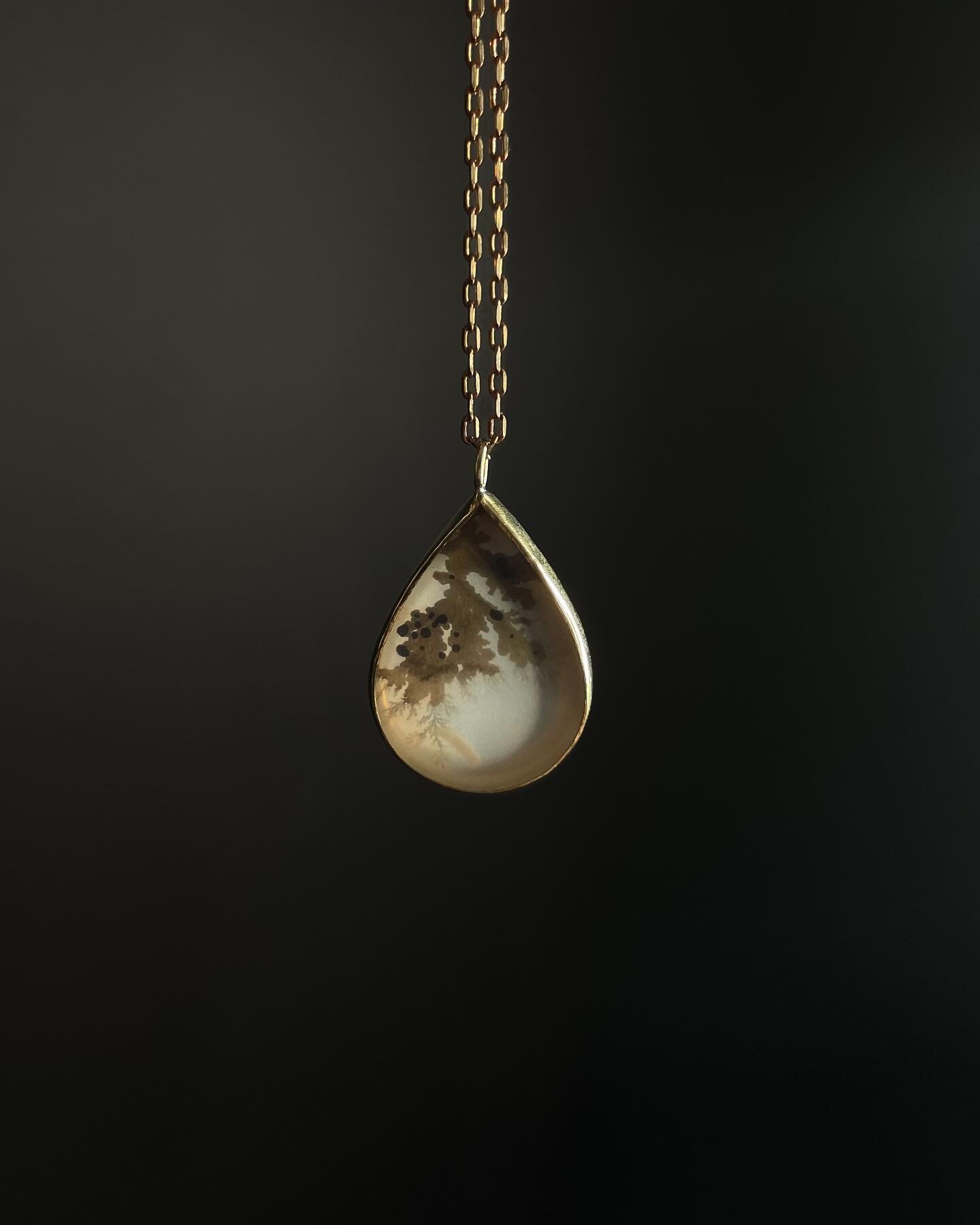 &ldquo;Fern Teardrop&rdquo; Ink Brass Necklace. Please tap the image to view the product tags, and tap a product tag to checkout on my website. 

This teardrop shaped dendritic agate is set in brass with an 18&rdquo; brass chain.