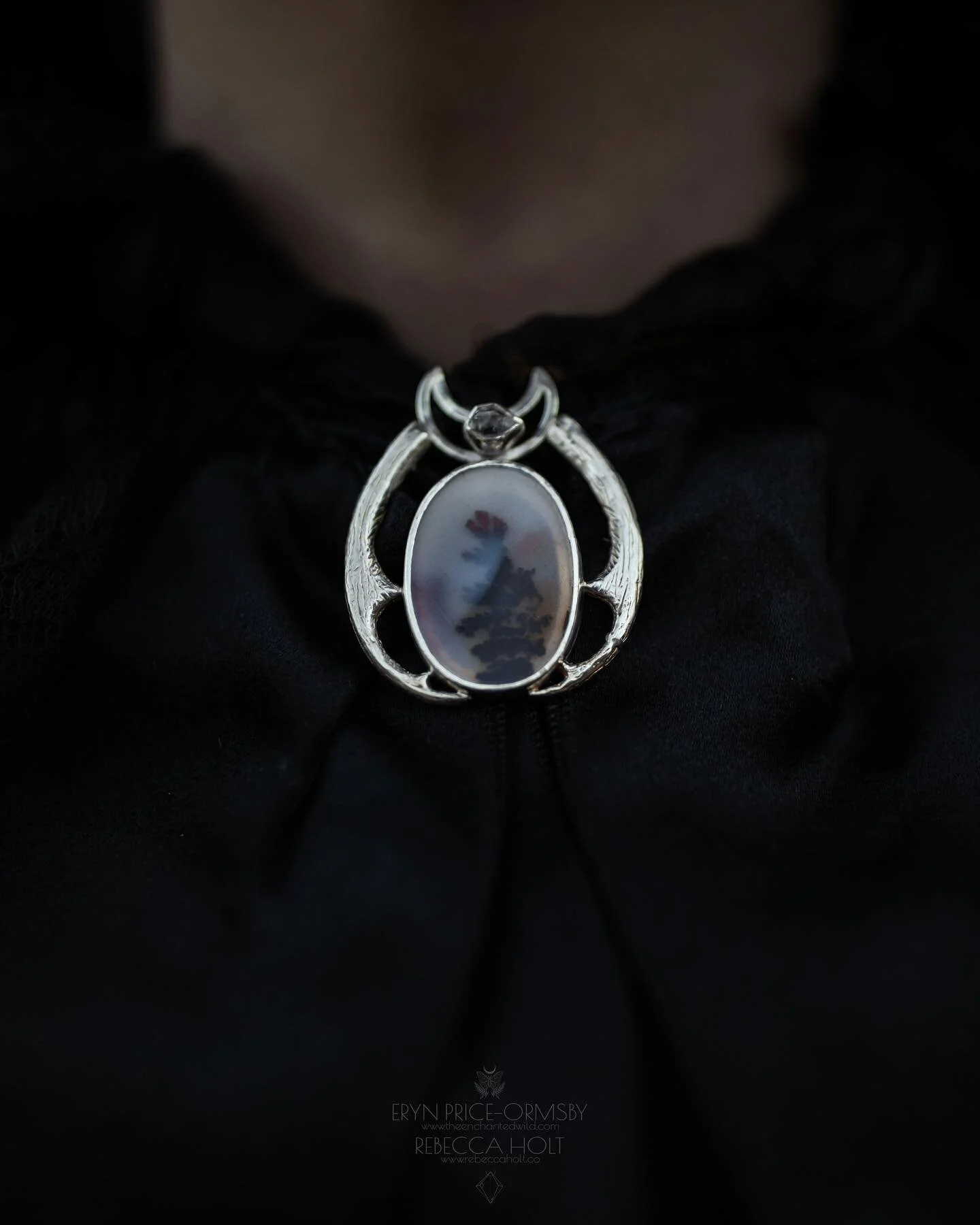 Swipe-&gt; Next up: &ldquo;Silvertongue&rdquo; Beetle Mandible Pin. Please tap the image to view the product tags, and tap a product tag to checkout on my website. 

This dendritic agate is set in fine silver and has a window back setting. The top po