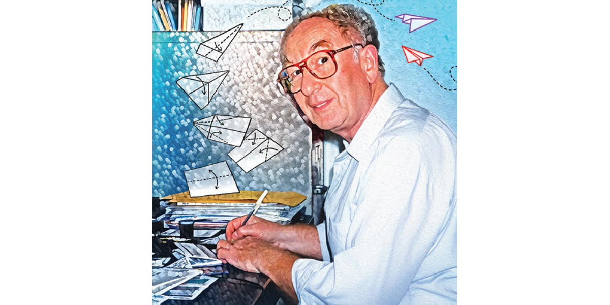 Image of Ronit's father, Mordechai, sitting at a desk with a drawing of paper planes flying next to him. Drawing by benjamin lee hicks.