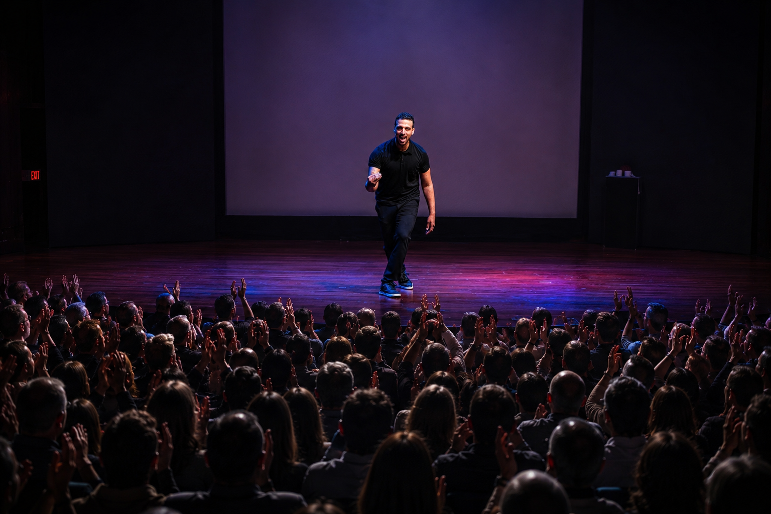 Ari'el Stachel lit up in purple and blue light, on a stage in front of the audience.