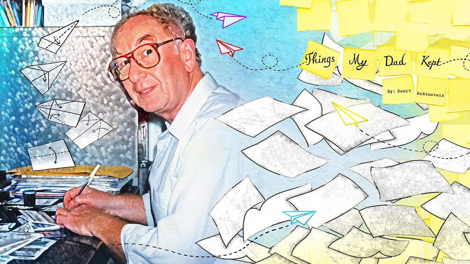 Image of Ronit's father, Mordechai, sitting at a desk with a drawing of paper flying next to him. Drawing by benjamin lee hicks.