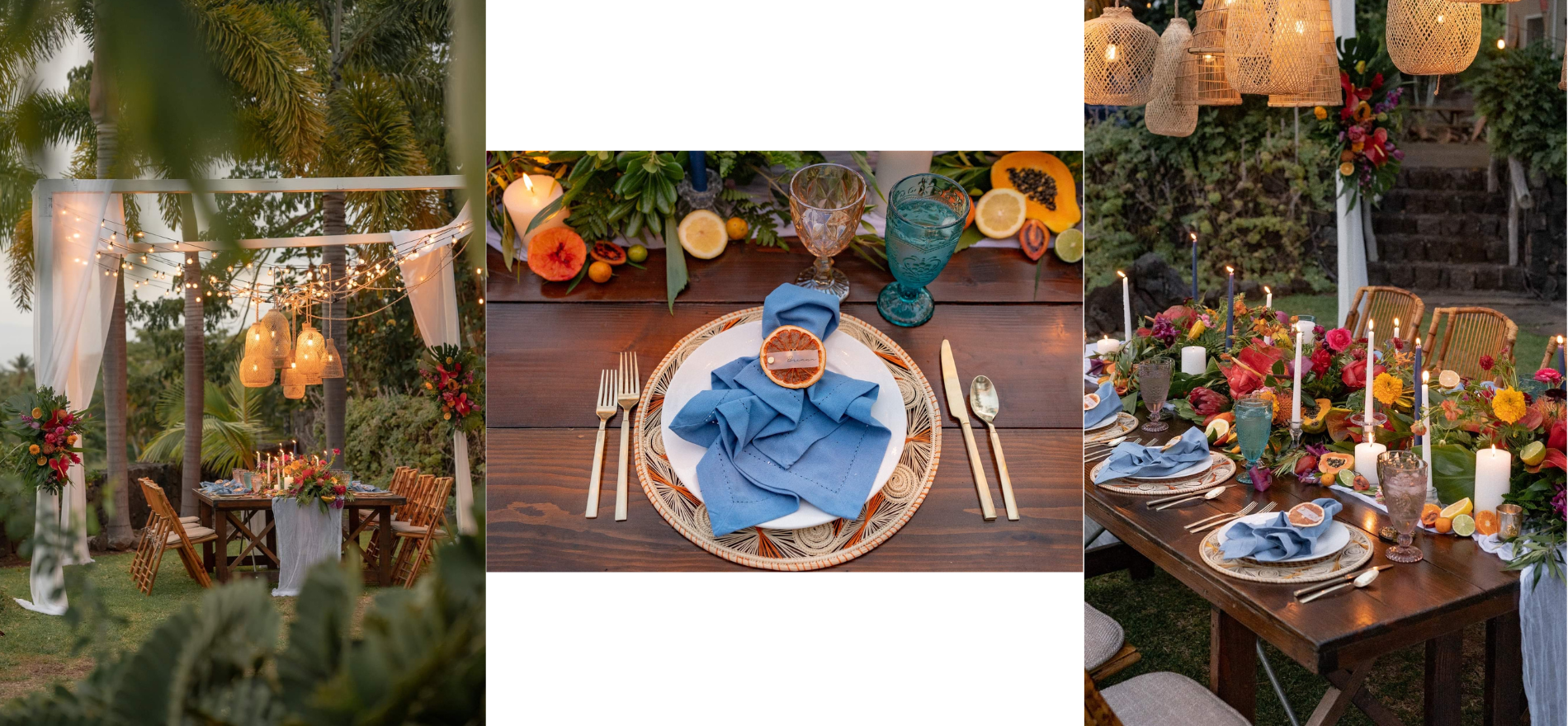 intimate wedding dinner tablescape of iraca placemats, fruit and dried orange placecards under a dining canopy and wicker pendant lanterns.
