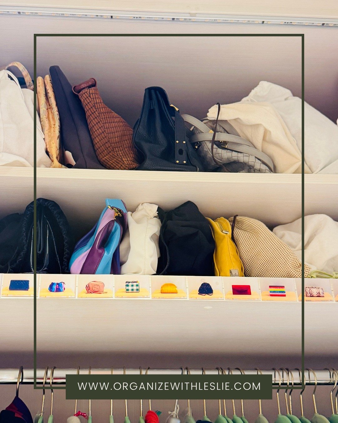 Not sure what you have in your closet? Add pictures! 🖼️ 
Photos are a great way to inventory what you have and can help you find what you are looking for. For this client, I put photos on the inside of the cabinet in the order she keeps her handbags