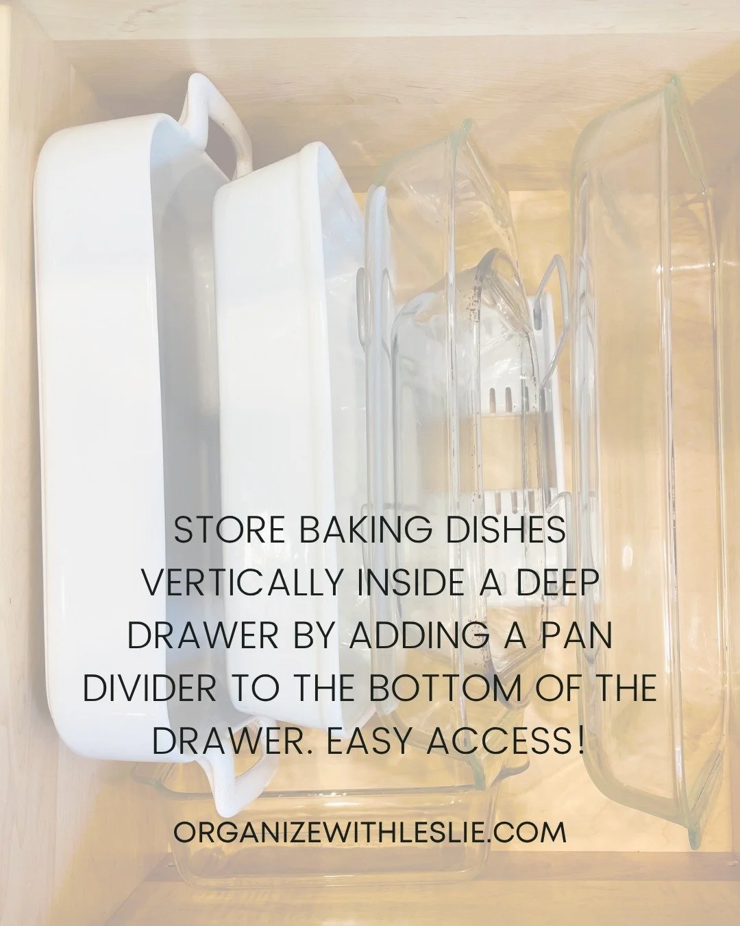 Store baking dishes vertically inside a deep drawer by adding a pan divider to the bottom of the drawer. Easy Access!

#panstorage #kitchendrawers