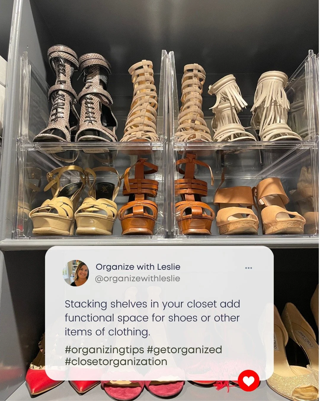 Stacking shelves in your closet add functional space for shoes or other items of clothing. 

#organizingtips #getorganized #closetorganization