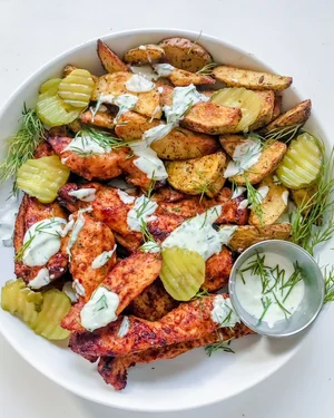 Naked Nashville Hot Chicken Tenders with Dill Pickle Fries & Dill