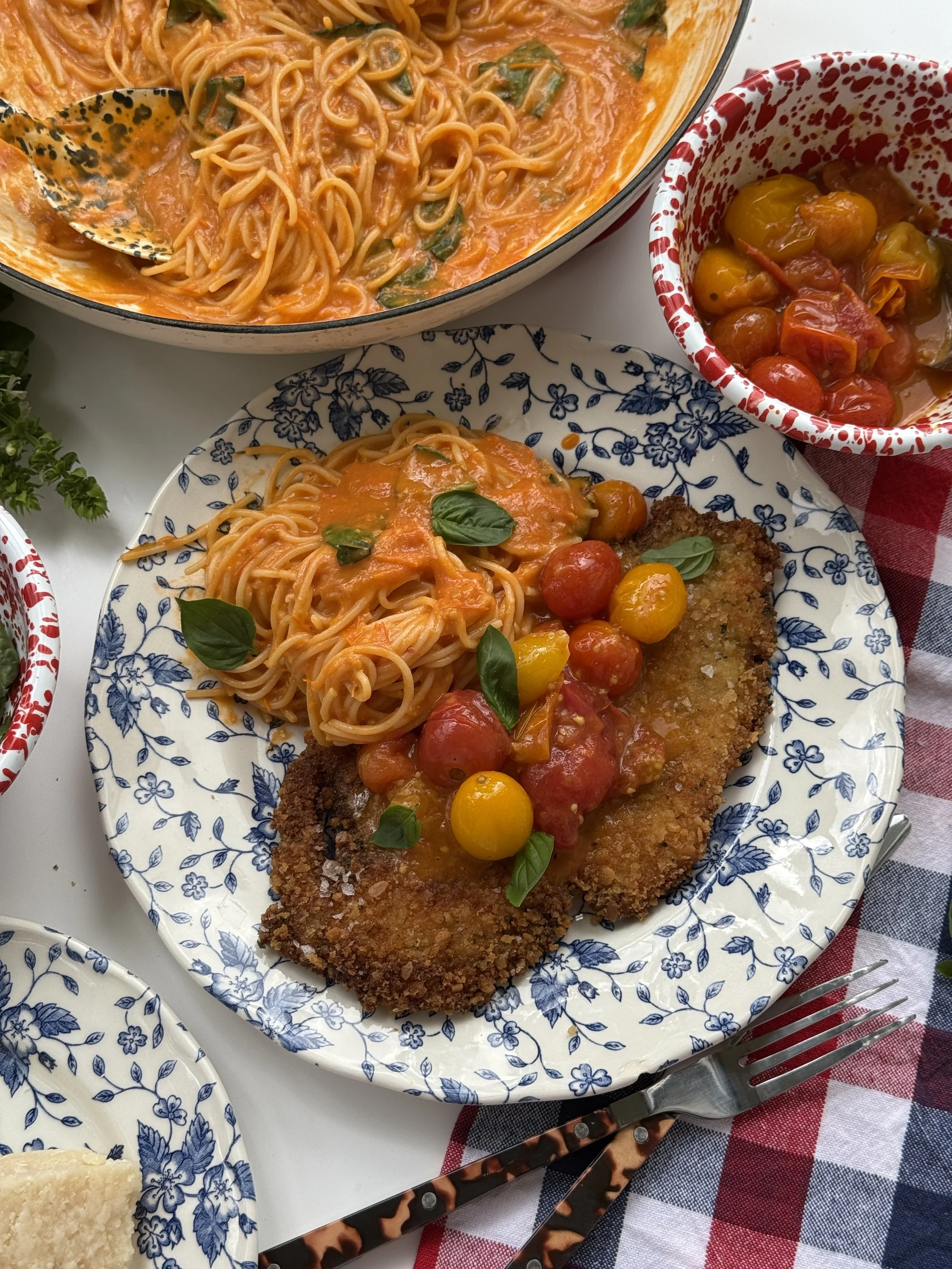 Buttery Burst Tomato Pasta with Chicken Cutlets