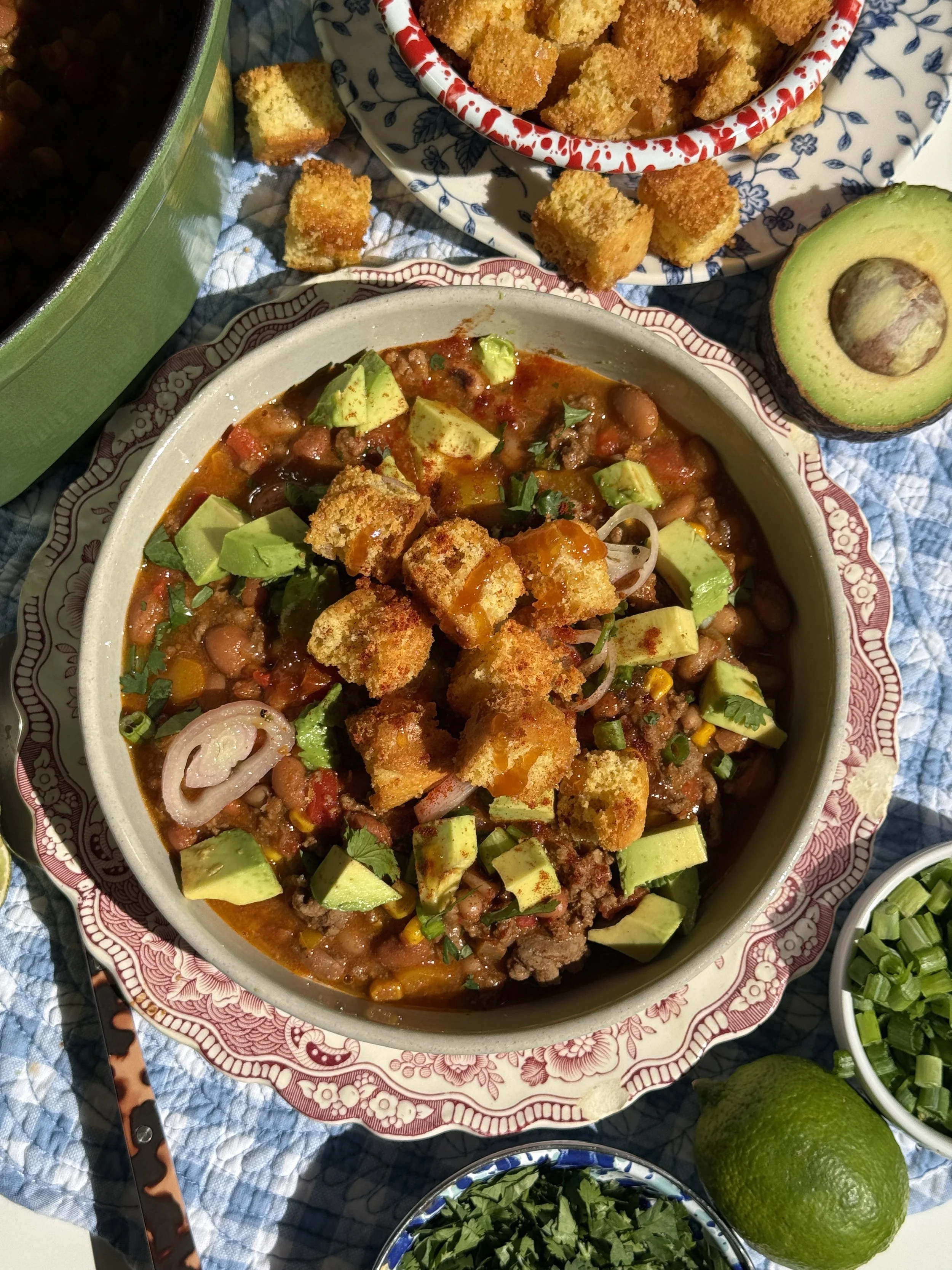 Cowgirl Caviar Chili with Hot Honey Cornbread Croutons