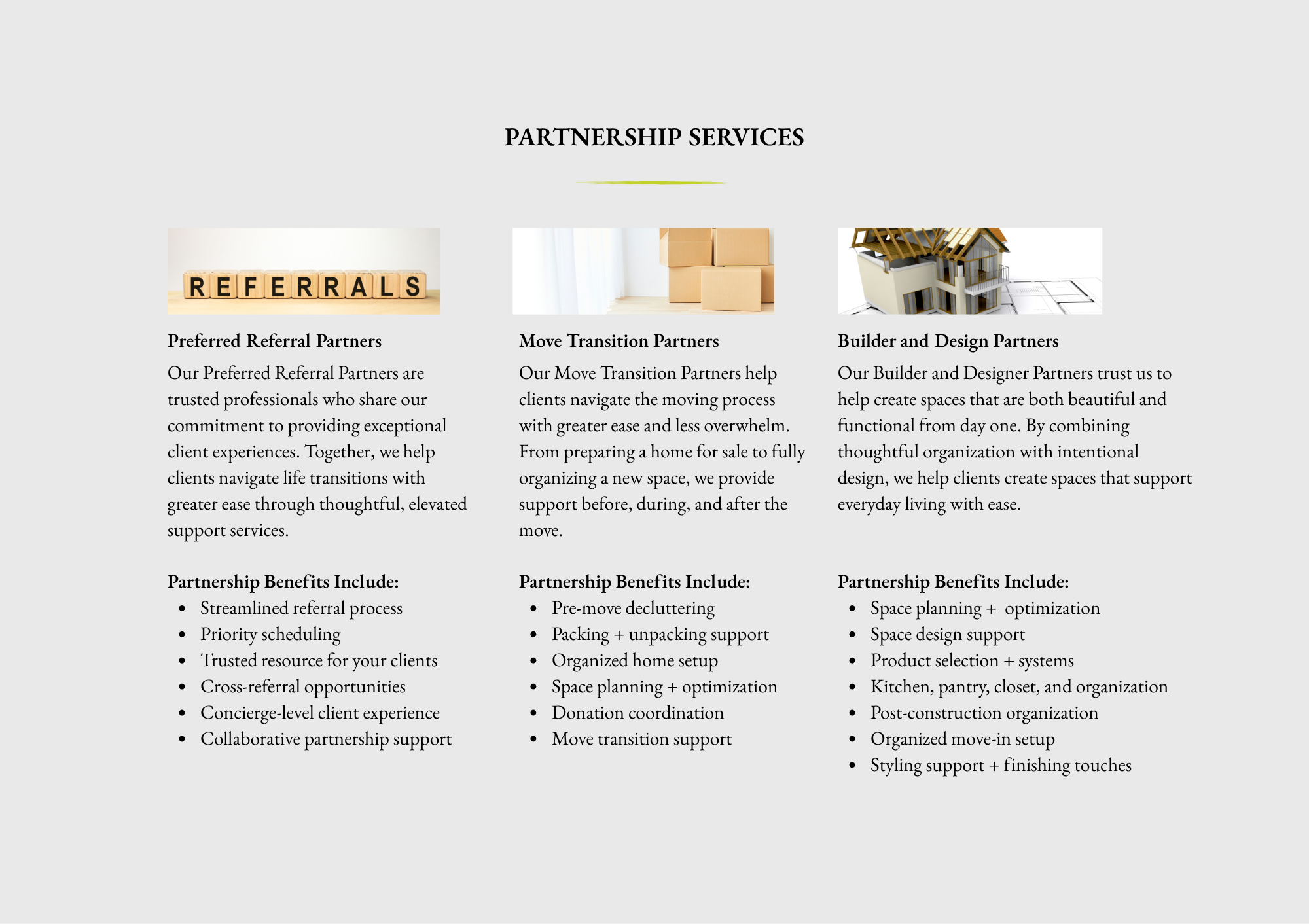 A webpage titled 'Partnership Services' displaying three columns of text with images above each, including blocks spelling 'REFERRALS', moving boxes, and a house blueprint.