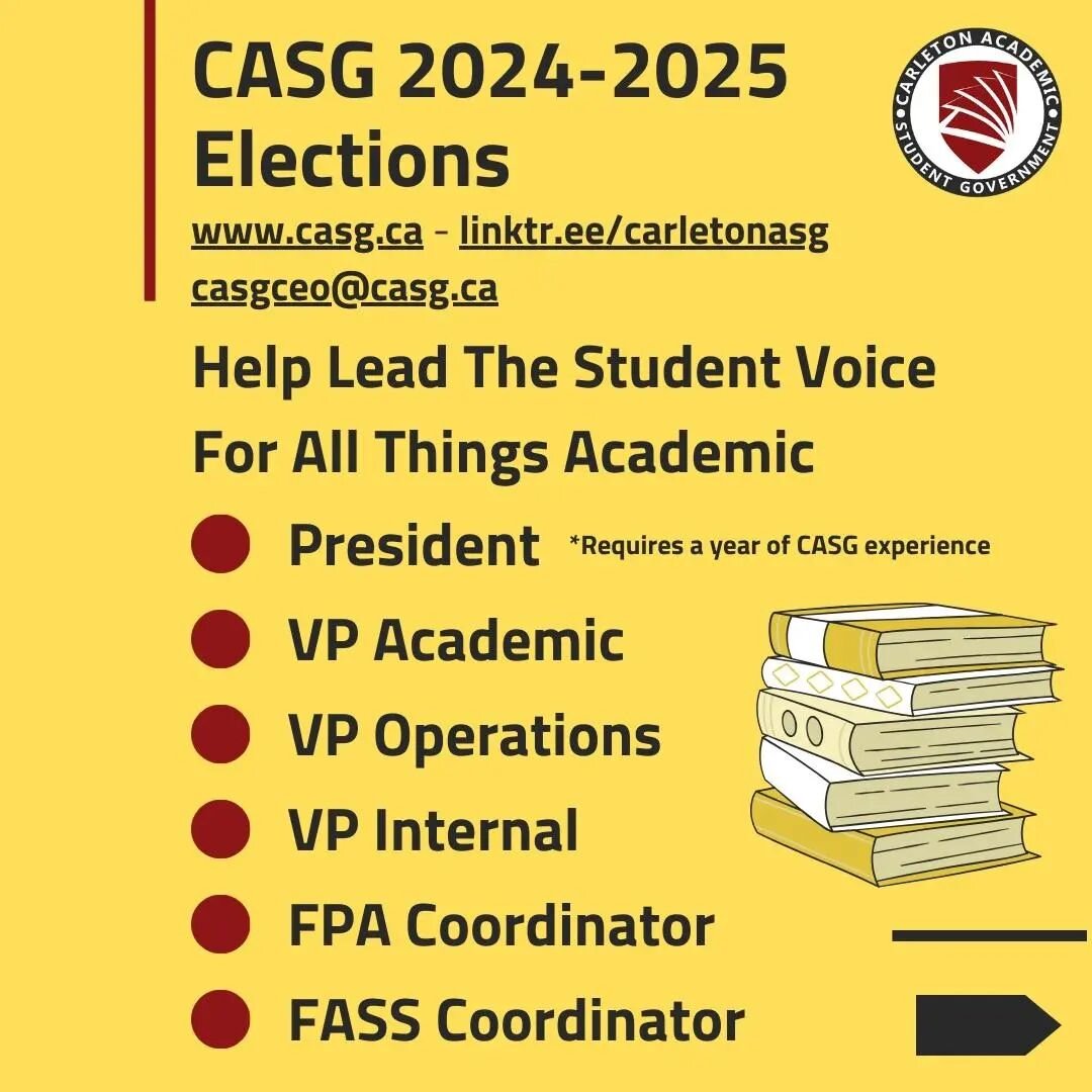 CASG is searching for dedicated, passionate and enthusiastic undergraduate students to be a part of the 2024-2025 CASG executive team. 

If you would like to be a part of leading the student voice for all things academic on campus, please visit our L