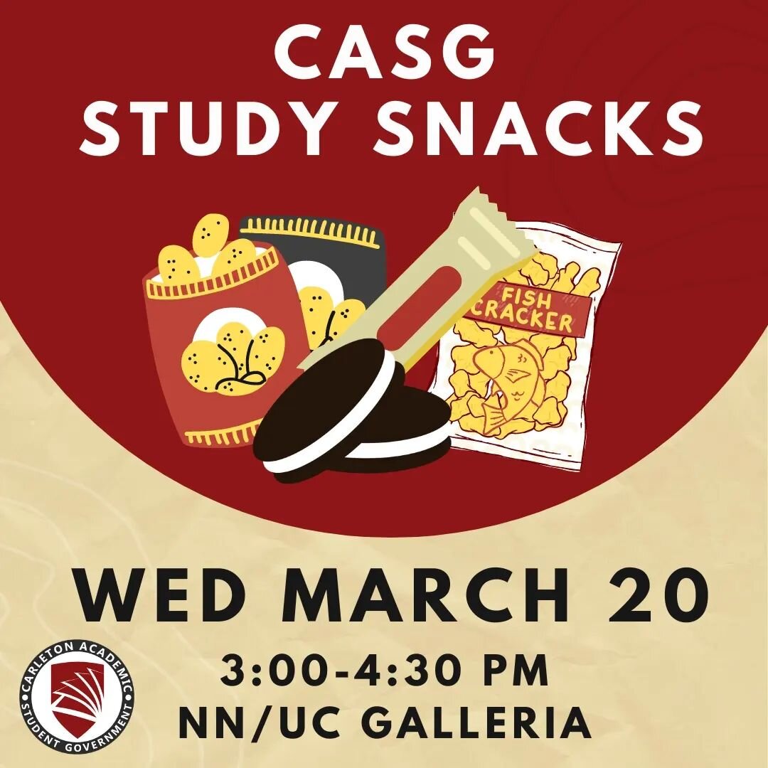 CASG will be giving away study snacks this Wed March 20 in the NN/UC Galleria! Come on by and say hi for some free snacks brought to you by your academic student government!!