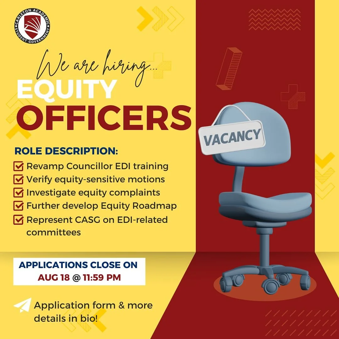 Interested in getting involved with CASG? Hiring for Equity Officers to join our team &amp; further our advocacy in equitable academic rights are open now! 🗣️🫱🏾&zwj;🫲🏼 

Apply by August 18 via the link in our bio, no CASG experience necessary. ?