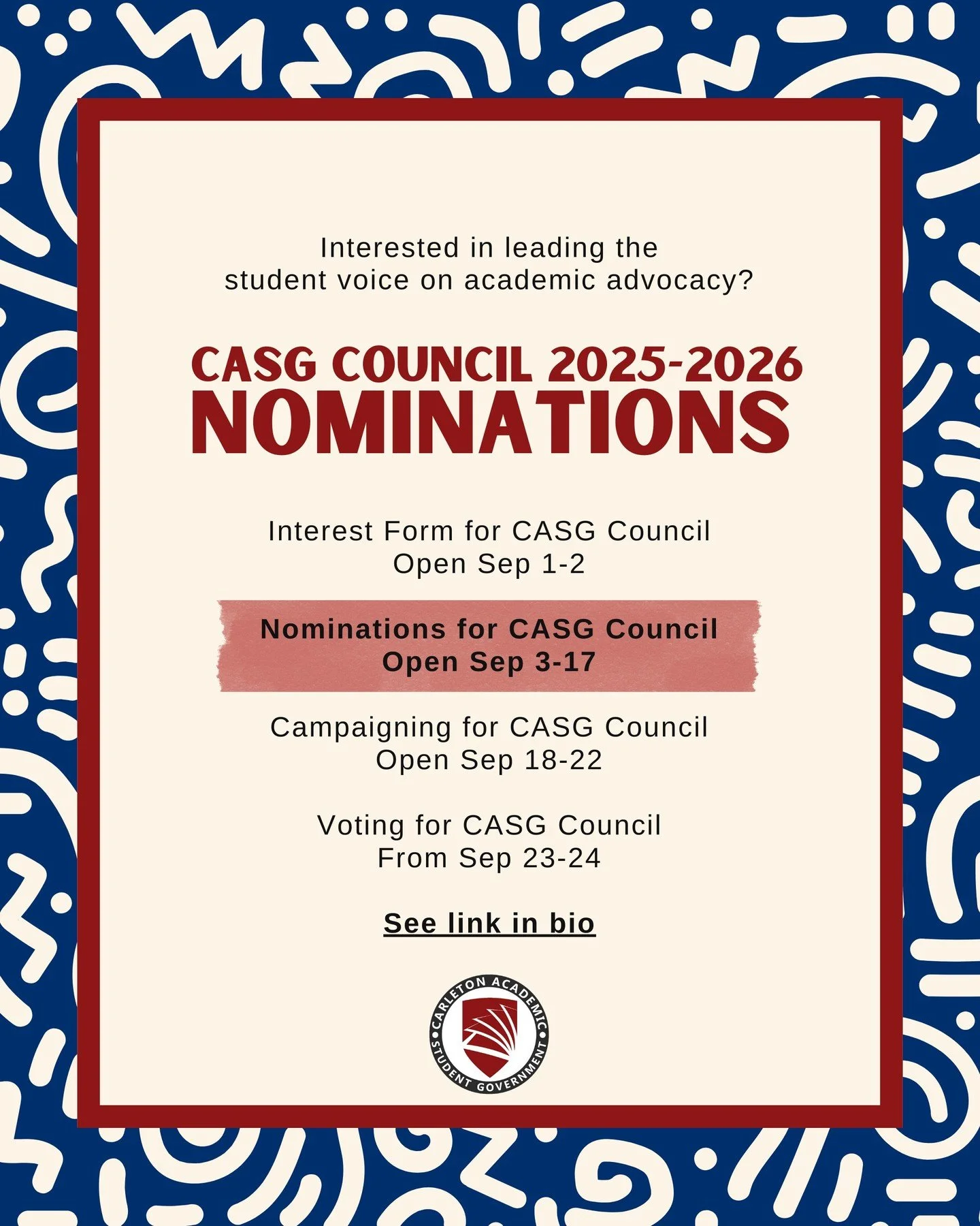 STAGE 2/4 of CASG Council Elections begins TODAY...!

🆕 🏛️ Interested in student government, academic advocacy, meeting with like-minded peers, and connecting with leaders across the university? Consider joining CASG Council this year! 📣

Cast you