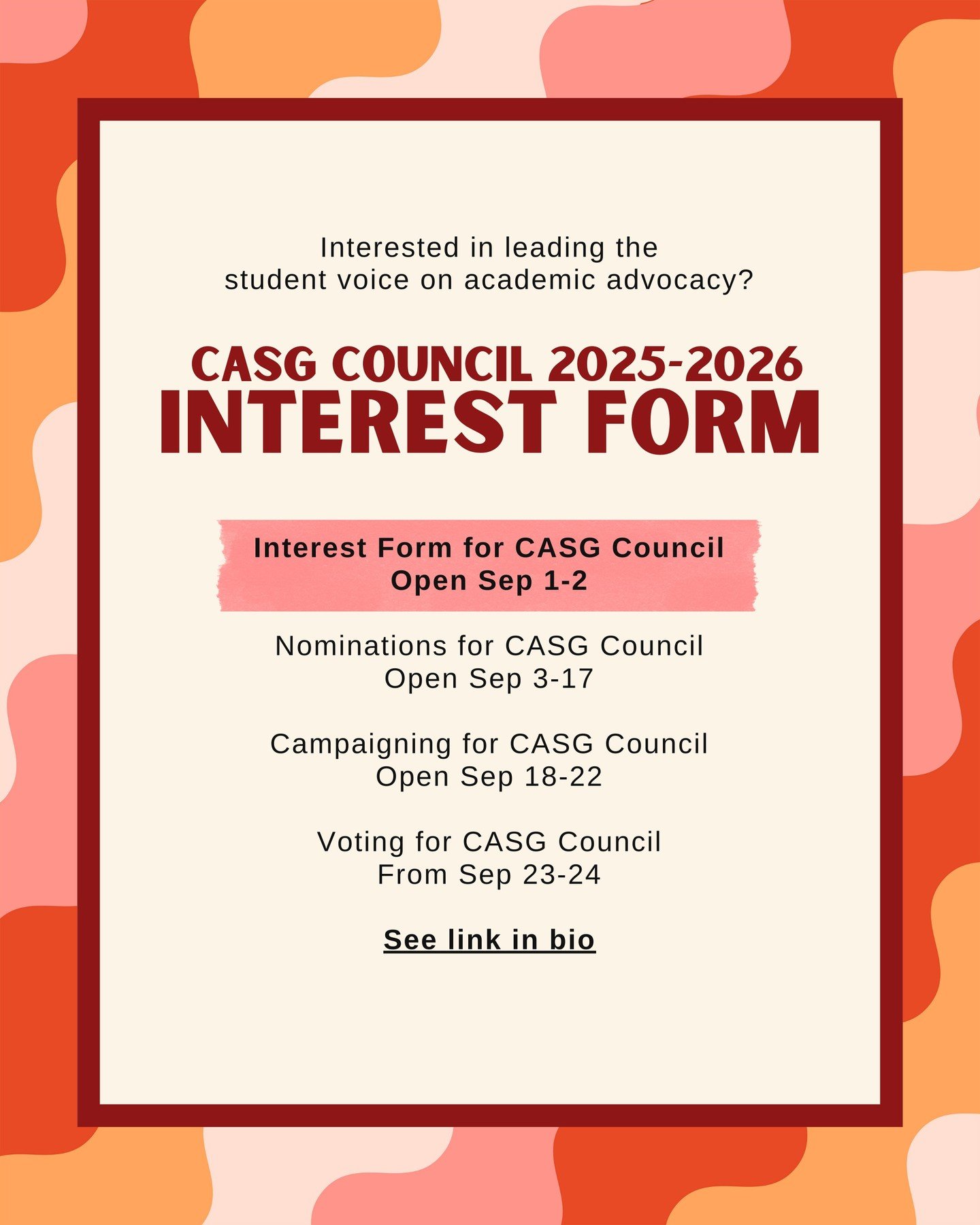 🆕 🏛️ Interested in student government, academic advocacy, meeting with like-minded peers, and connecting with leaders across the university? Consider joining CASG Council this year! 📣

Get started by filling out a short Interest Form (see link in 