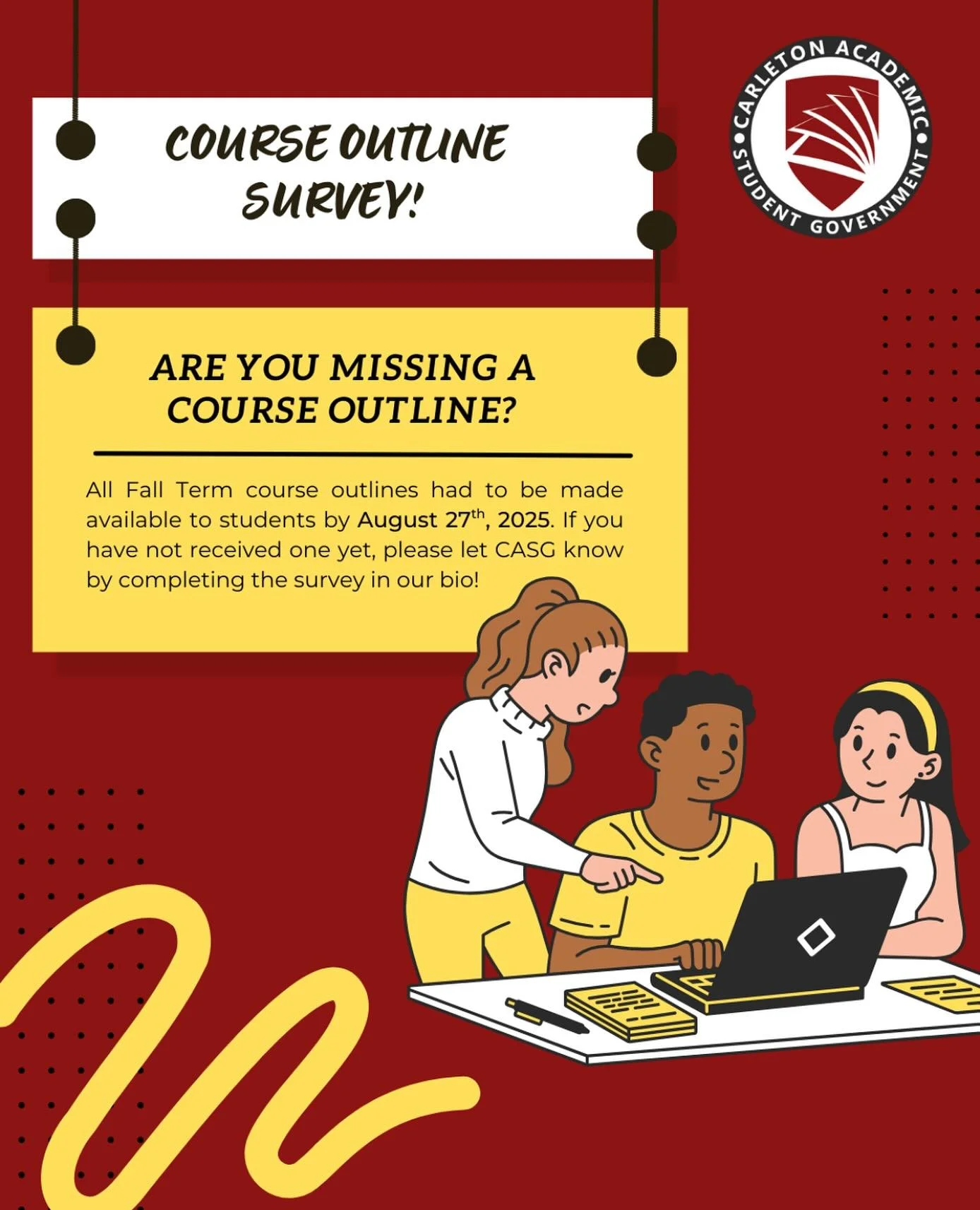 As another fall semester approaches, CASG wants to ensure that you received your course outlines on time! 🖥️📝 Carleton&rsquo;s Regulations require that all course outlines be released by August 27th, 2025. If you are missing any course outlines, pl