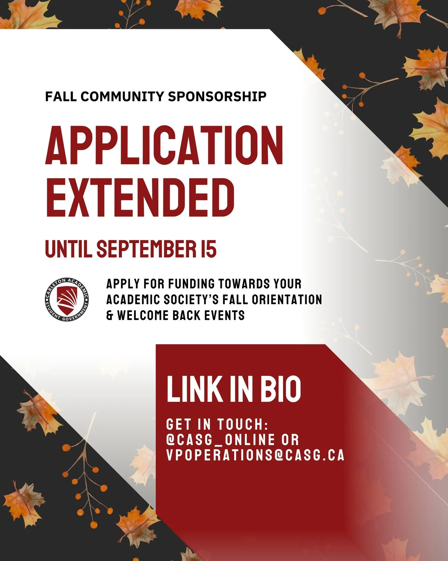 🔥 NEW: The deadline to apply for CASG's Fall Community Sponsorship fund deadline is now EXTENDED until September 15, 2025 at midnight. Don't wait, apply now before time runs out! 🔥

See application link in bio for application details. 

Questions? 