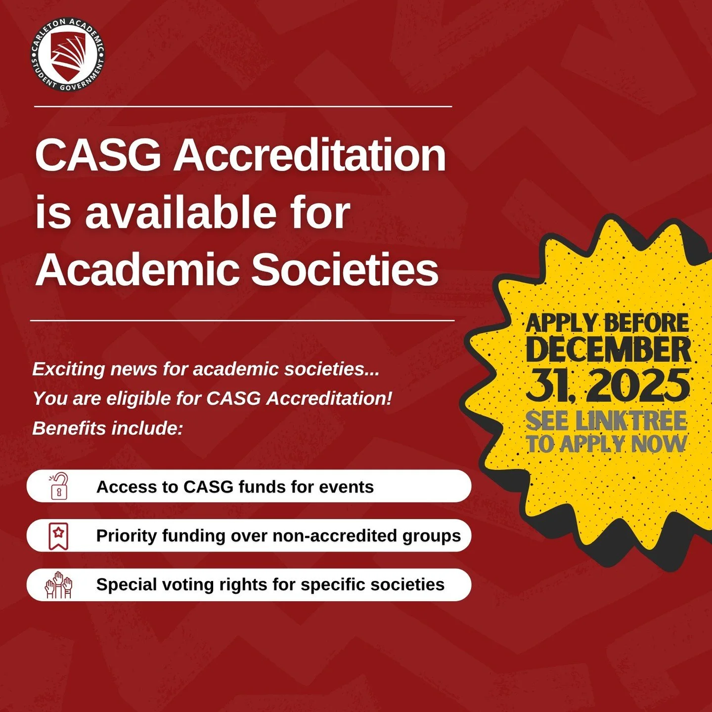 🚨 Attention Academic Societies!
Get recognized with CASG Accreditation! Applications close December 31st, 2025. Swipe to learn more about what's in it for you! Link in bio for details. 📲 

Get in touch! Send us a direct message, or email us at vpop