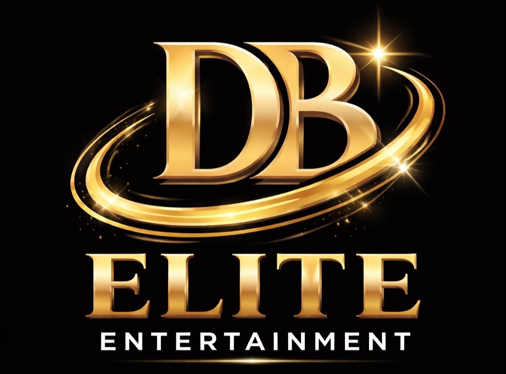 Gold and black logo for DB Elite Entertainment featuring large gold initials 'DB' with swirling light effects and stars, with the words 'ELITE ENTERTAINMENT' beneath.