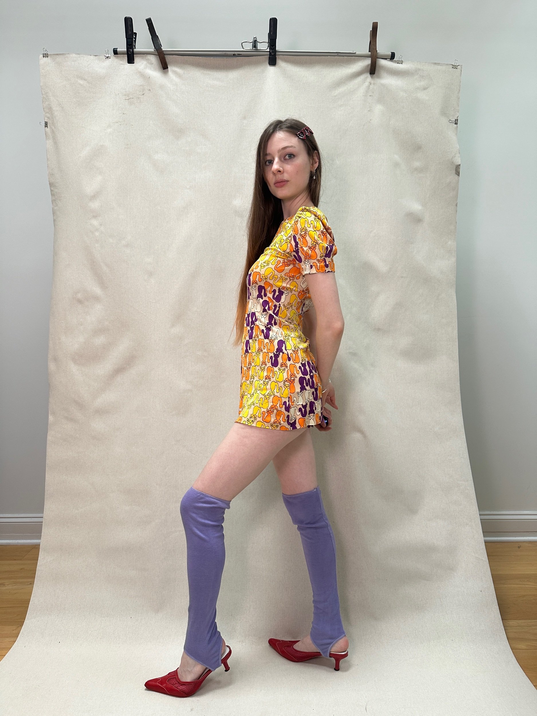 INFINITE REGRESS Vintage Handmade 1970s novelty cat print micro mini + matching hot shorts