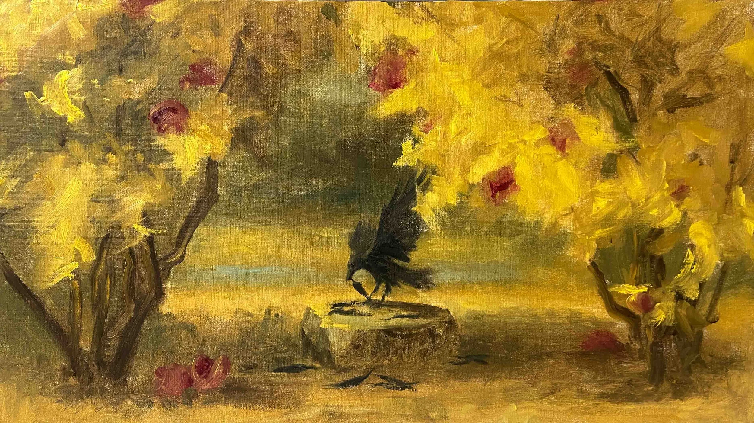 "Bird Offering Feather Study" oil on linen, 34x20