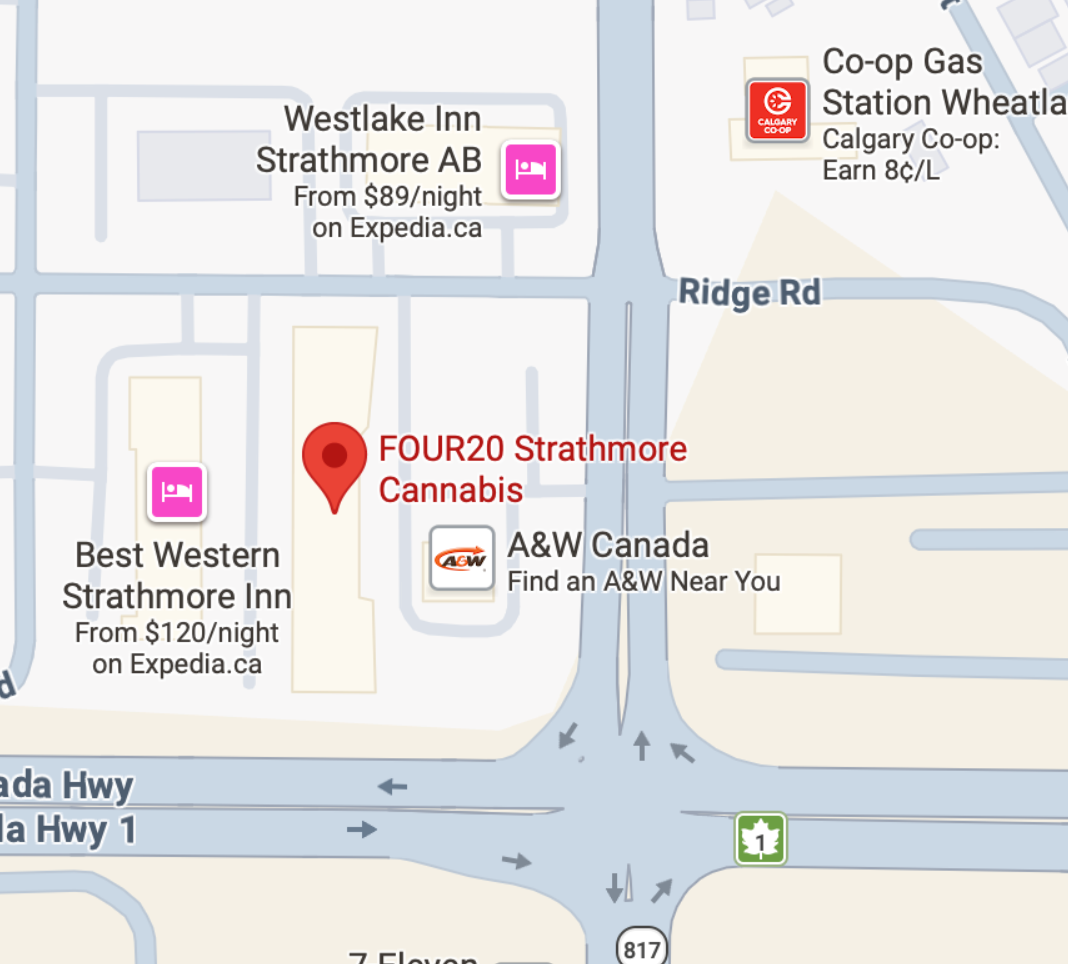 Map showing locations including FOUR20 Strathmore Cannabis, A&W Canada, Best Western Strathmore Inn, Westlake Inn, Calaway Co-op gas station, and nearby highways.