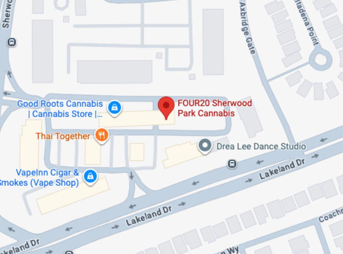 Map showing locations on Lakeland Drive, including FOUR20 Sherwood Park Cannabis, Good Roots Cannabis Store, Thai Together restaurant, VapeNN Cigar & Smokes shop, and Drea Lee Dance Studio.