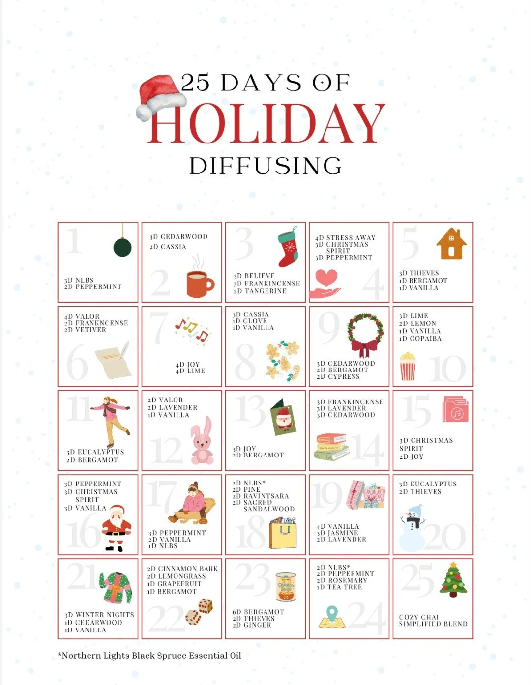 Your diffuser just got its holiday countdown 🎄✨

From cozy chai to candy-cane vibes to wintery woods &mdash; this 25-day diffusing calendar has a festive blend for every mood.

Grab the full printable and more festive recipes inside this month&rsquo