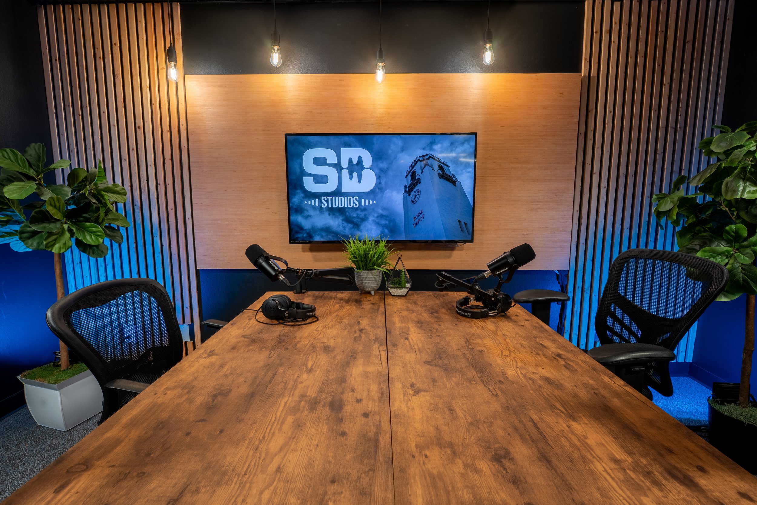 A recording or podcast studio with a gray sofa, blue pillows, a large flat-screen TV on a black wall, plants, sound equipment, and a window on the wall with hexagonal acoustic panels.