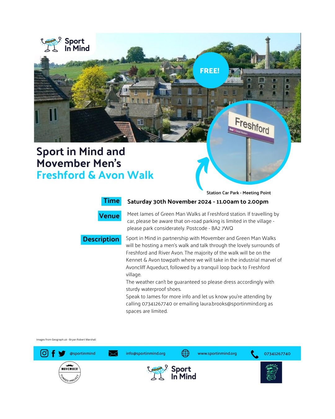 @sportinmind 🧠 in partnership with Green Man Walks🚶&zwj;♂️, are holding a free-to-attend Walk and Talk, this is on 30th November 11am - 2pm. This has been made possible thanks to funding from @movember . For more information please use the contact 