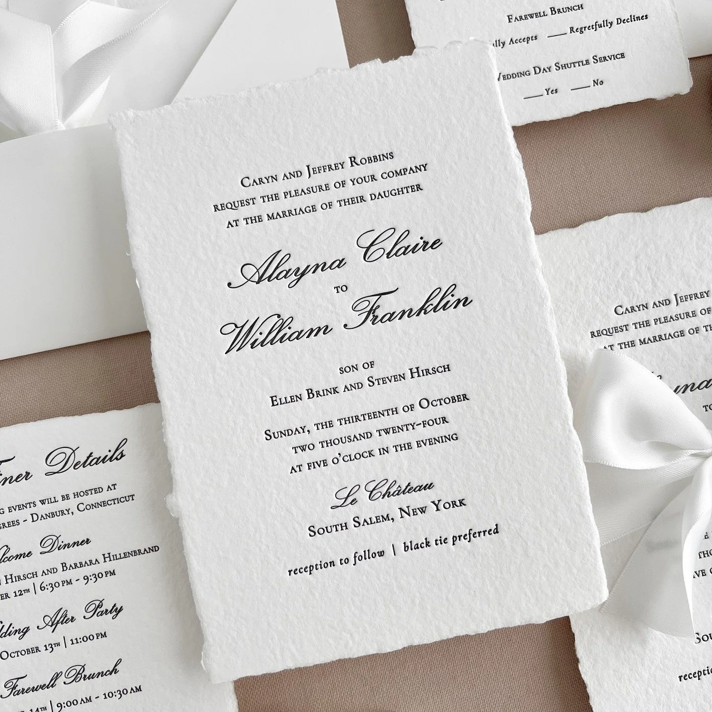 Pretty wedding invitations never go out of style. We printed the full suite in letterpress on cotton handmade paper that has a soft deckled edge, and wrapped it all up in an oversized satin bow. Customized from our Collections for thisNew York weddin