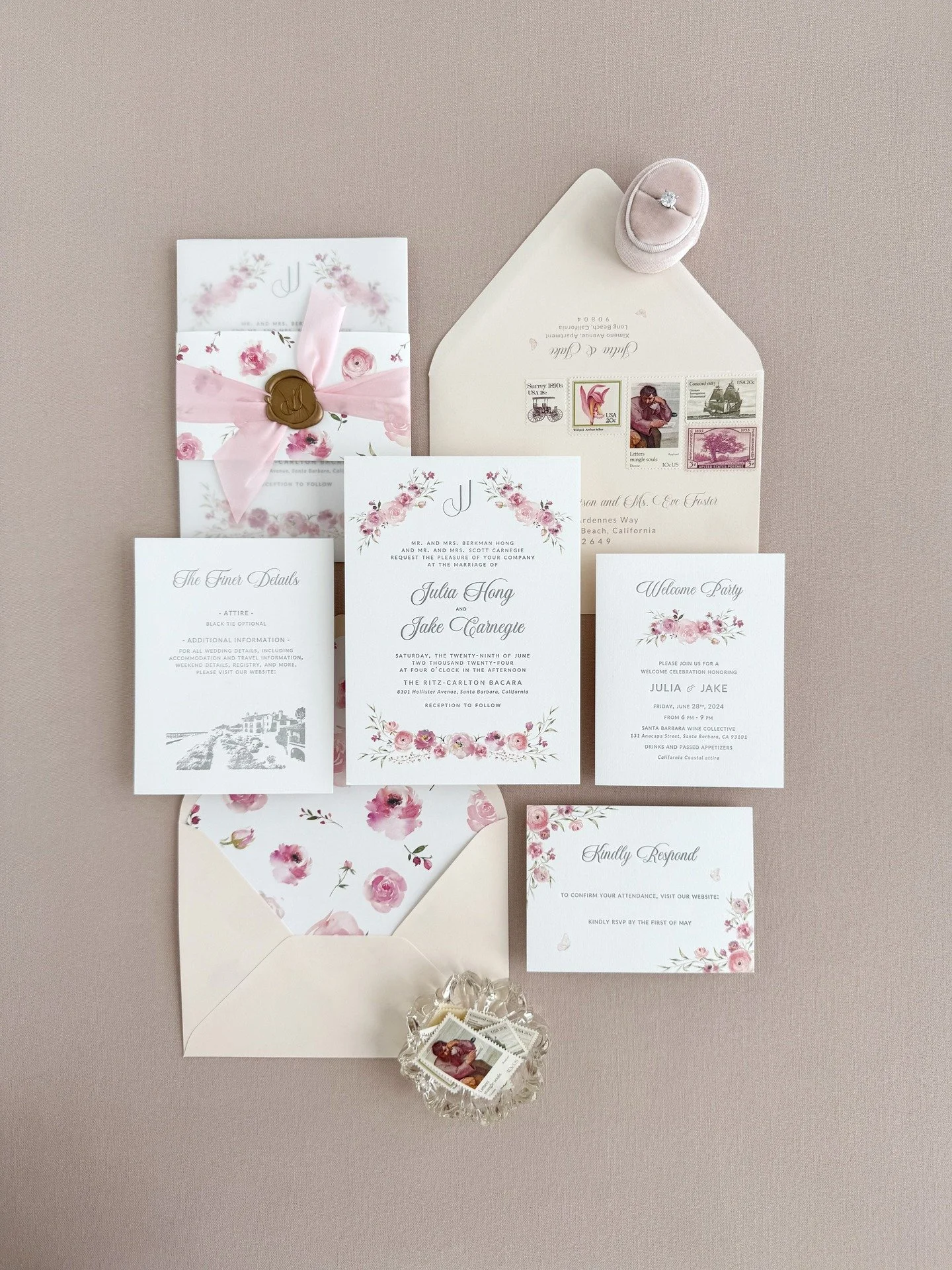 Playful pink florals and crisp letterpress for J&amp;J's stunning California ocean-view wedding. Custom design for the one and only @weddingkate
