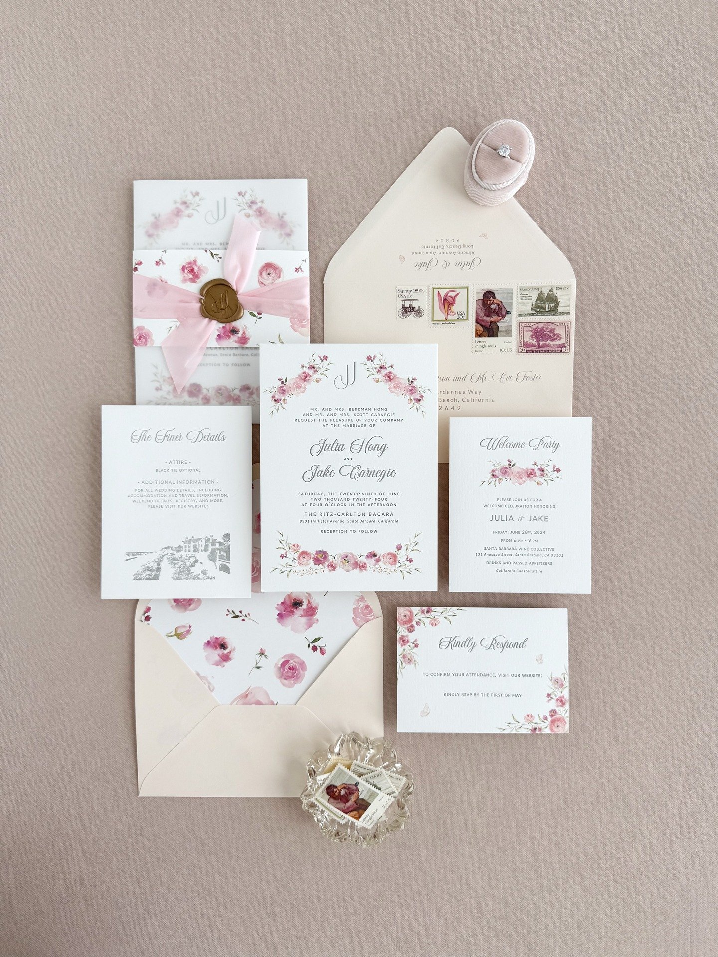 Playful pink florals and crisp letterpress for J&amp;J's stunning California ocean-view wedding. Custom design for the one and only @weddingkate