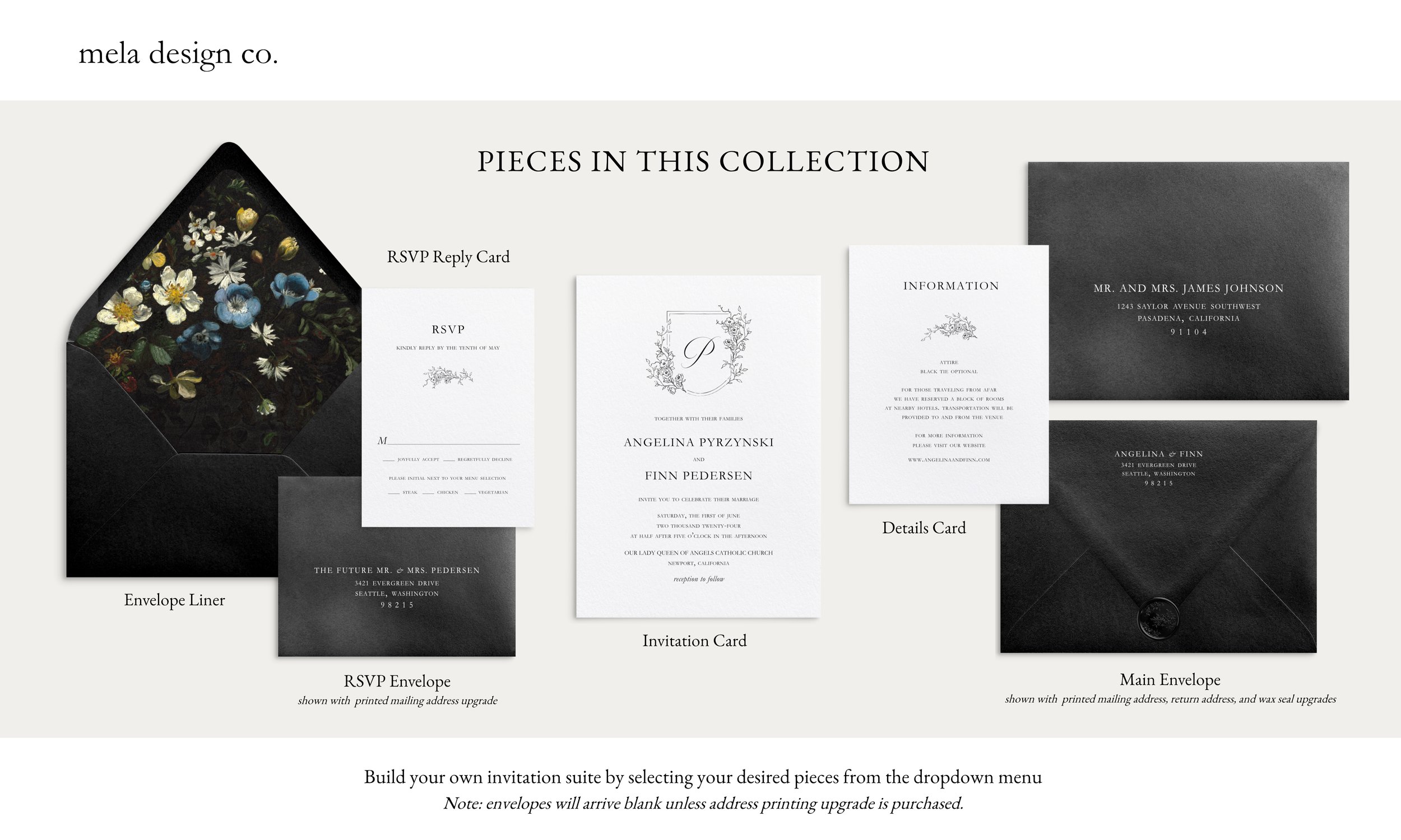 Pieces available in the Floral Crest collection (from left to right): Envelope Liner, RSVP Card, RSVP Envelope, Invitation Card, Details Card, Main Envelope