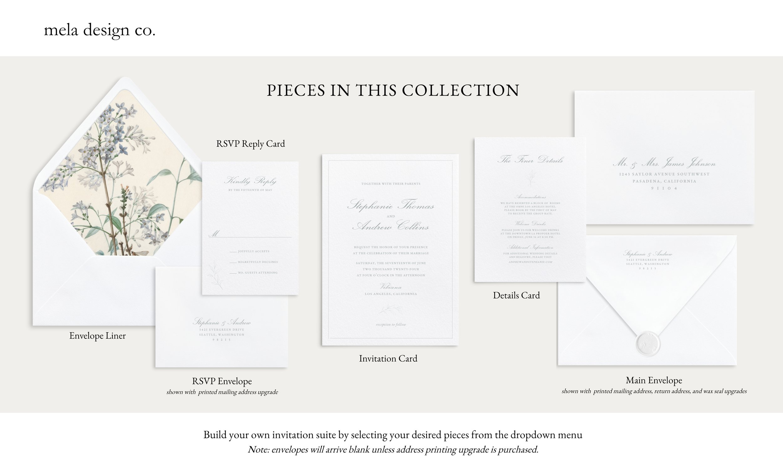 Pieces available in the Elegant Floral Collection (from left to right): Envelope Liner, RSVP Card, RSVP Envelope, Incitation Card, Details Insert Card, Main Envelope