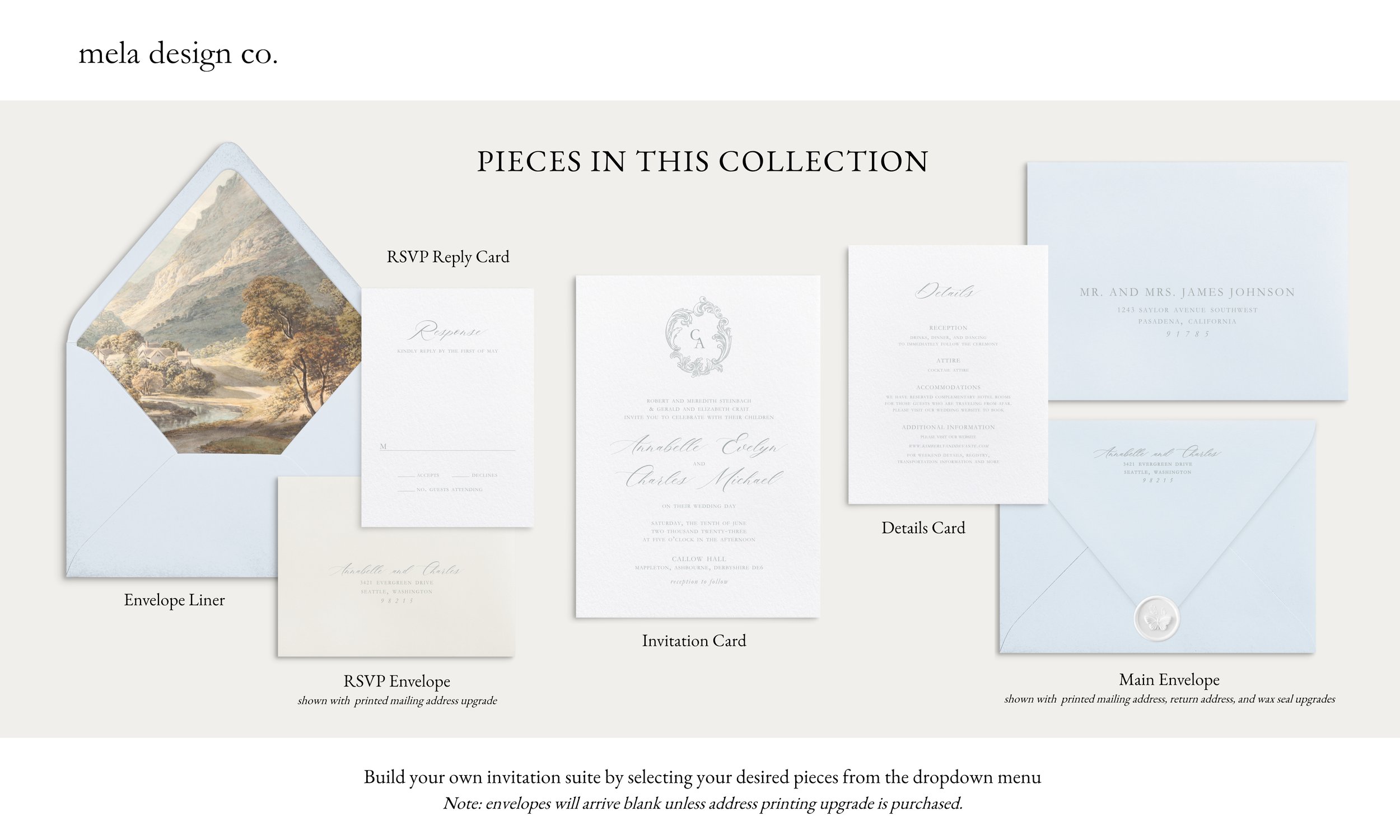 Pieces in this collection (from left to right): Envelope Liner, RSVP Card, RSVP Envelope, Invitation Card, Details Card, Main Envelope